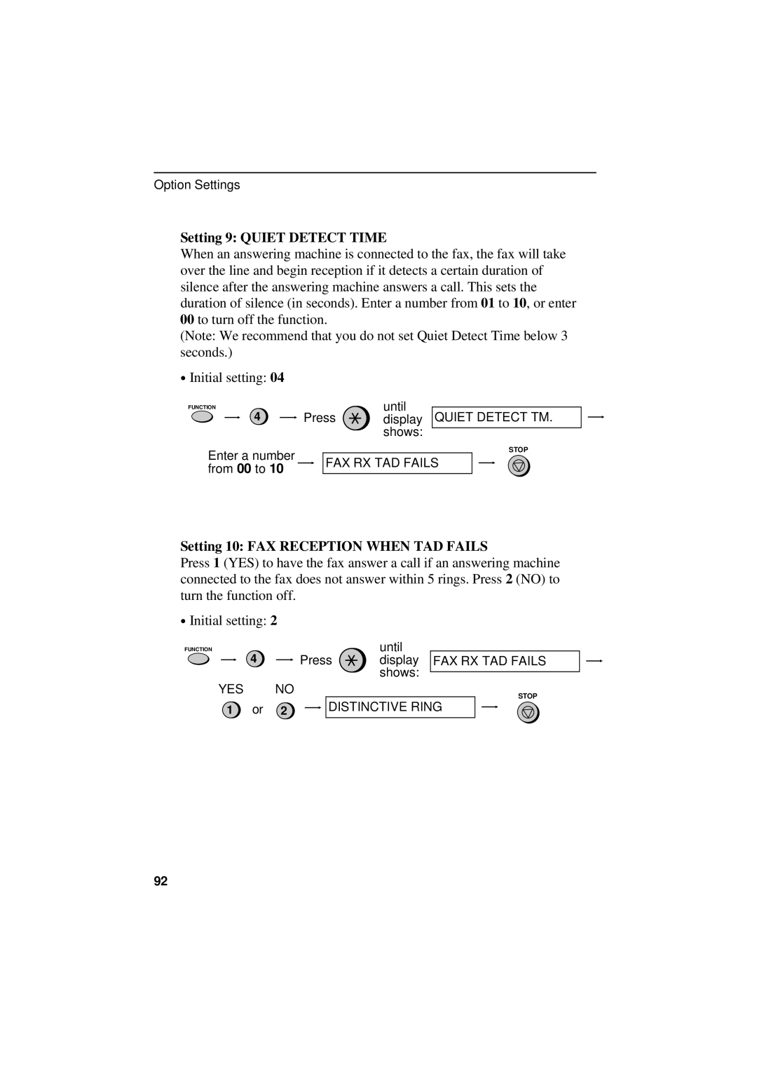 Sharp UX-300 operation manual Setting 9 Quiet Detect Time, Setting 10 FAX Reception When TAD Fails 