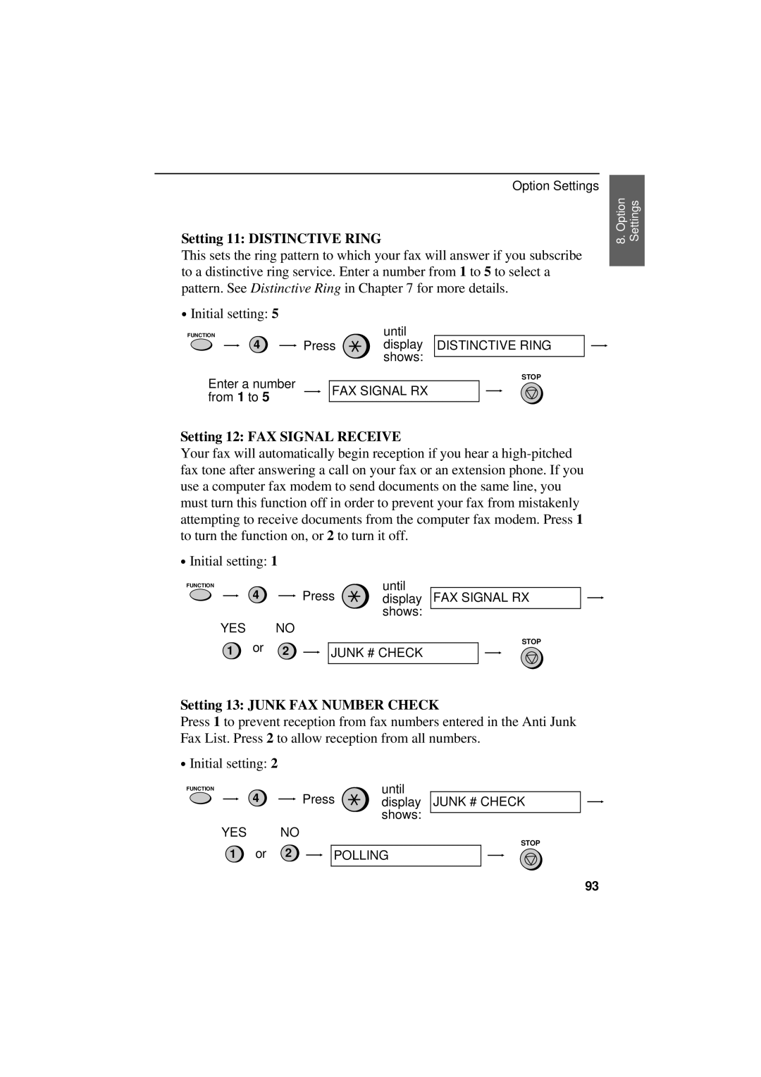 Sharp UX-300 operation manual Setting 11 Distinctive Ring, Setting 12 FAX Signal Receive, Setting 13 Junk FAX Number Check 