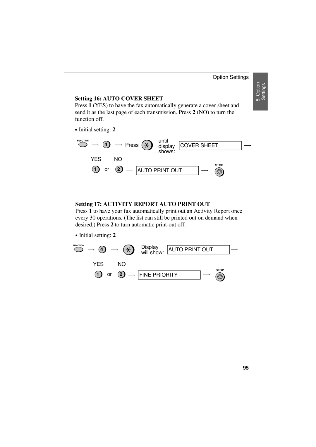 Sharp UX-300 operation manual Setting 16 Auto Cover Sheet, Setting 17 Activity Report Auto Print OUT 