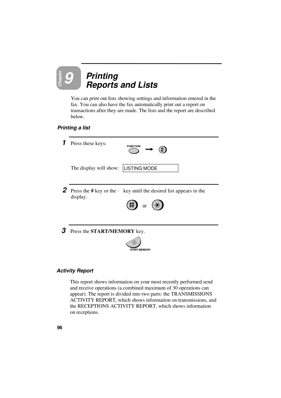 Sharp UX-300 operation manual Printing Reports and Lists, Printing a list, Activity Report 