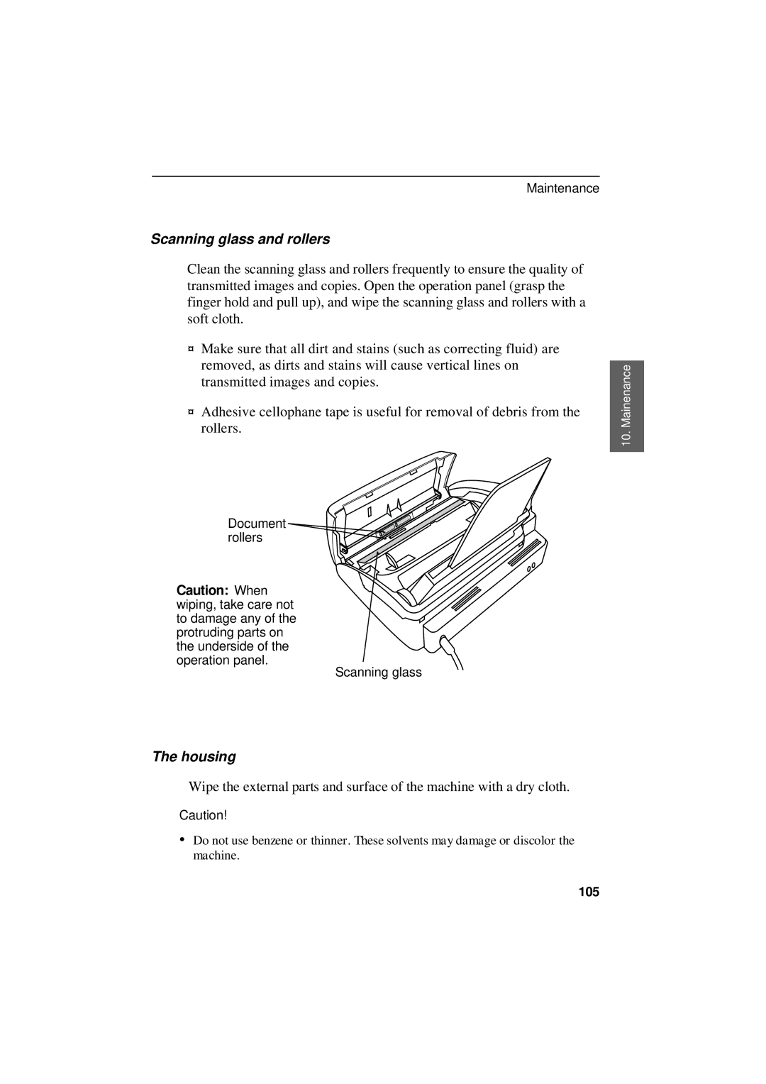 Sharp UX-305 operation manual Scanning glass and rollers, Housing 