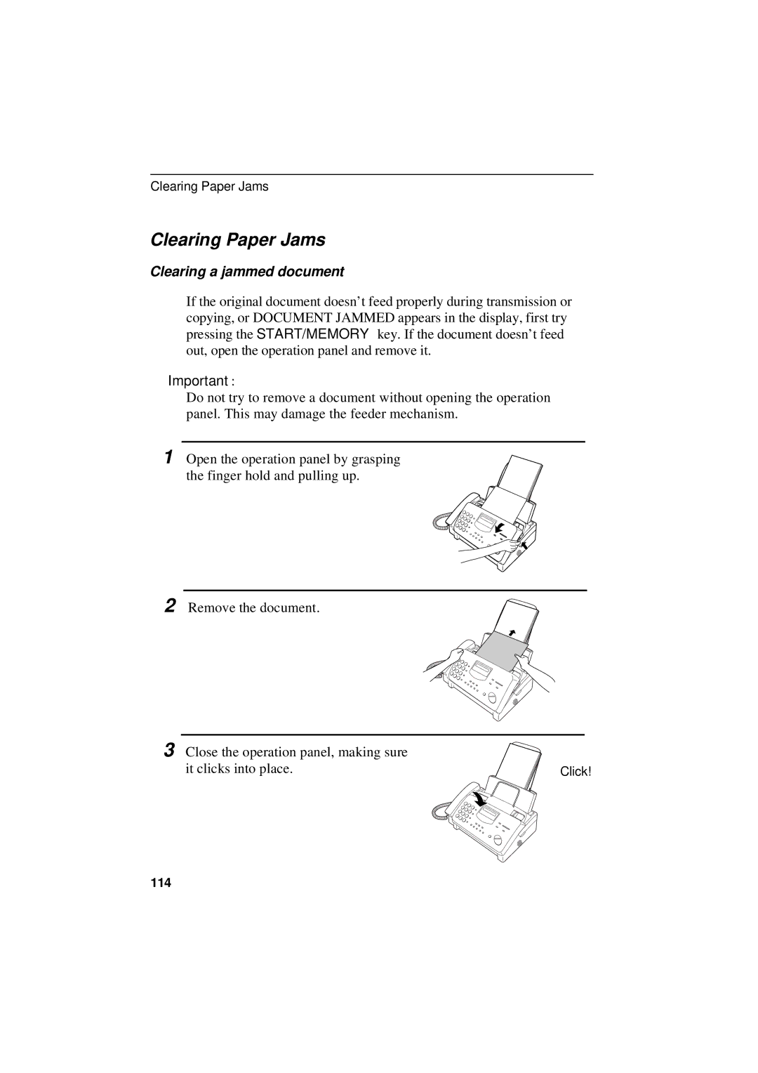 Sharp UX-305 operation manual Clearing Paper Jams, Clearing a jammed document 