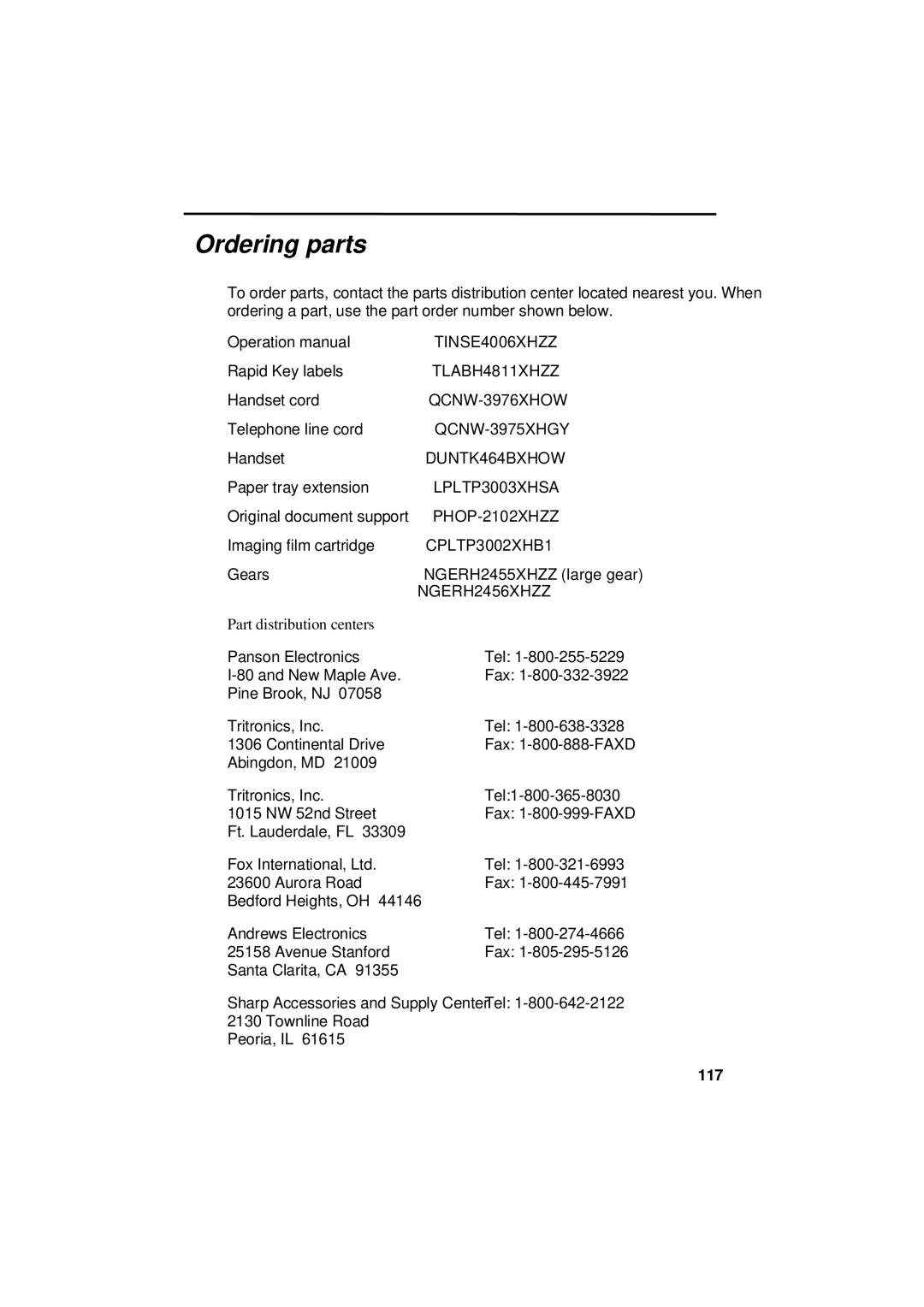 Sharp UX-305 operation manual Ordering parts 