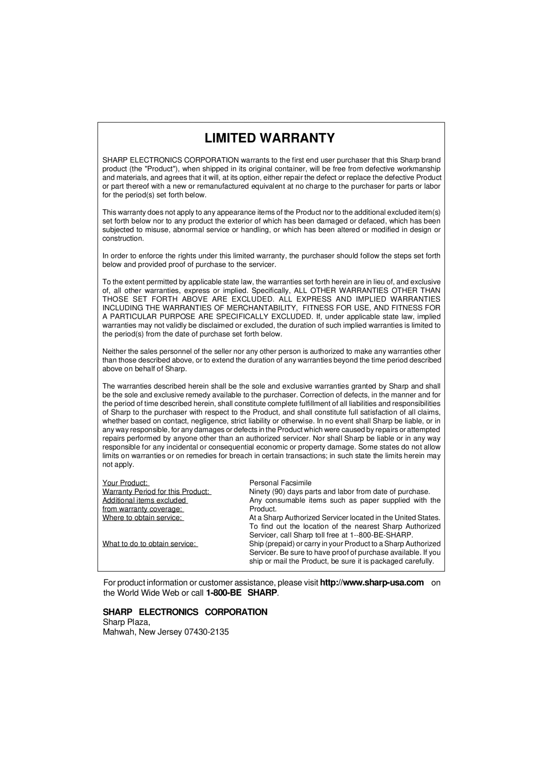 Sharp UX-305 operation manual Limited Warranty 