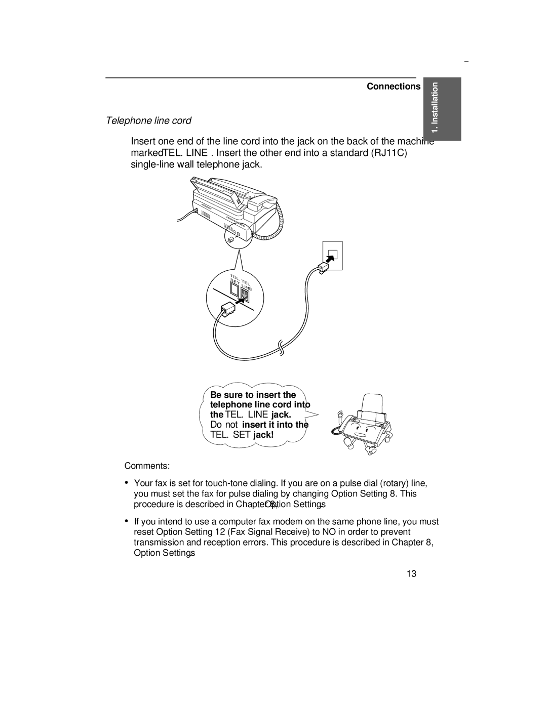 Sharp UX-305 operation manual Telephone line cord, Comments 