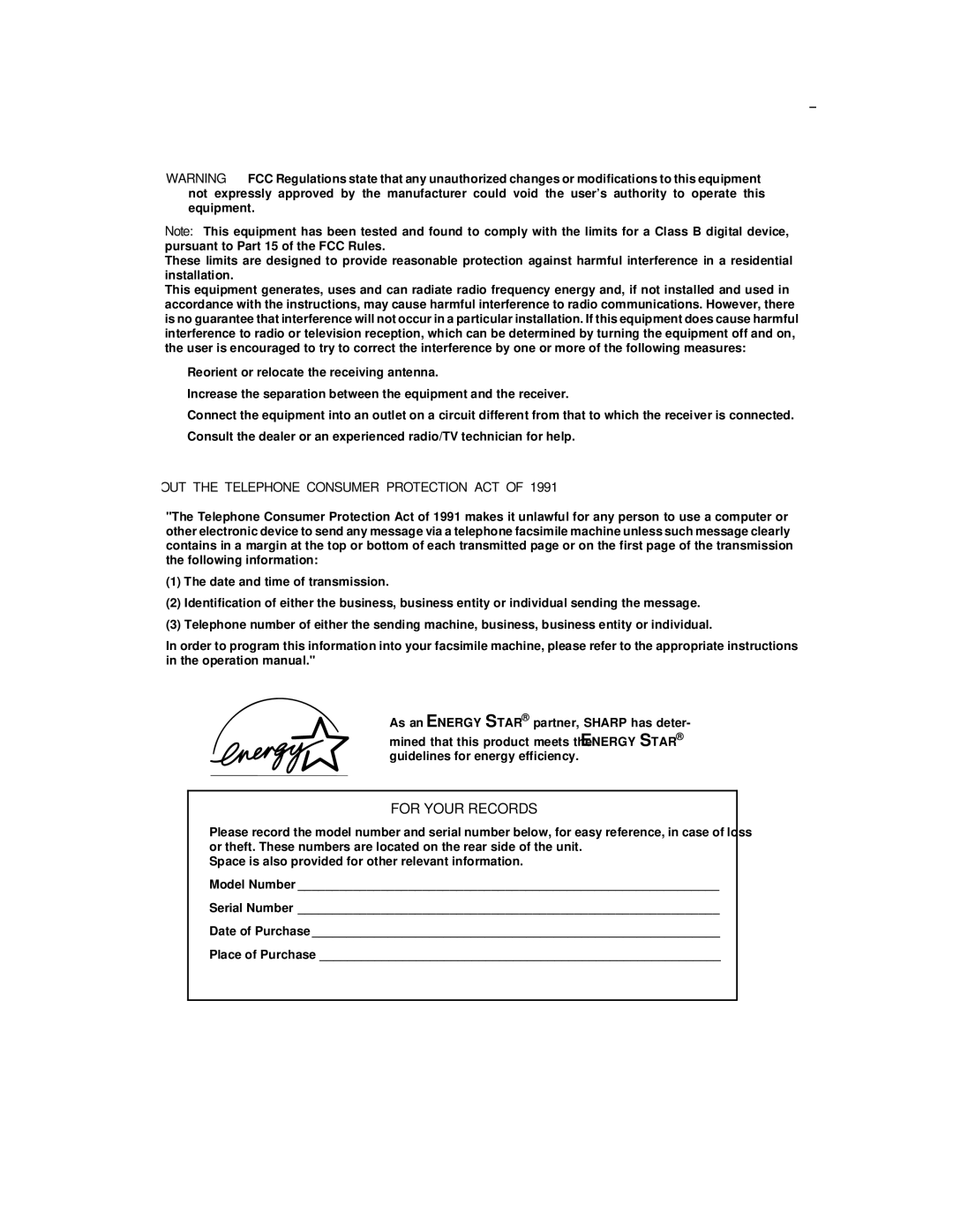 Sharp UX-305 operation manual For Your Records 