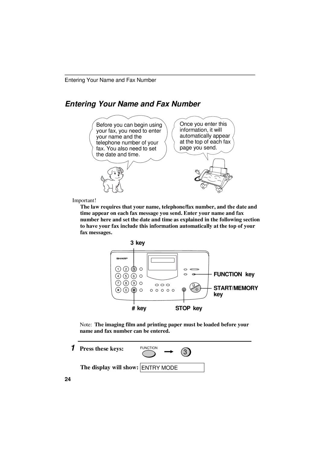 Sharp UX-305 operation manual Entering Your Name and Fax Number 