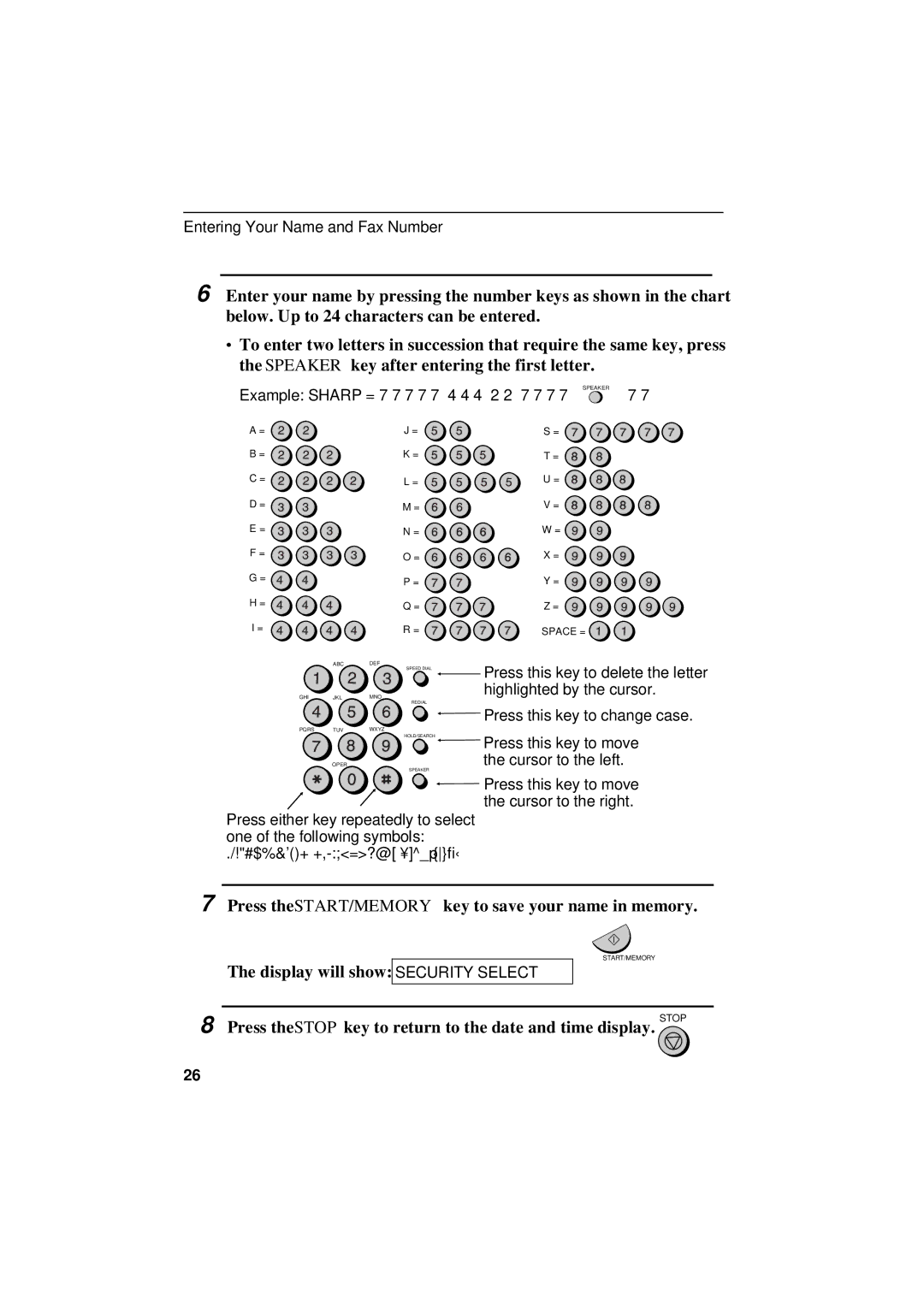 Sharp UX-305 operation manual Security Select 