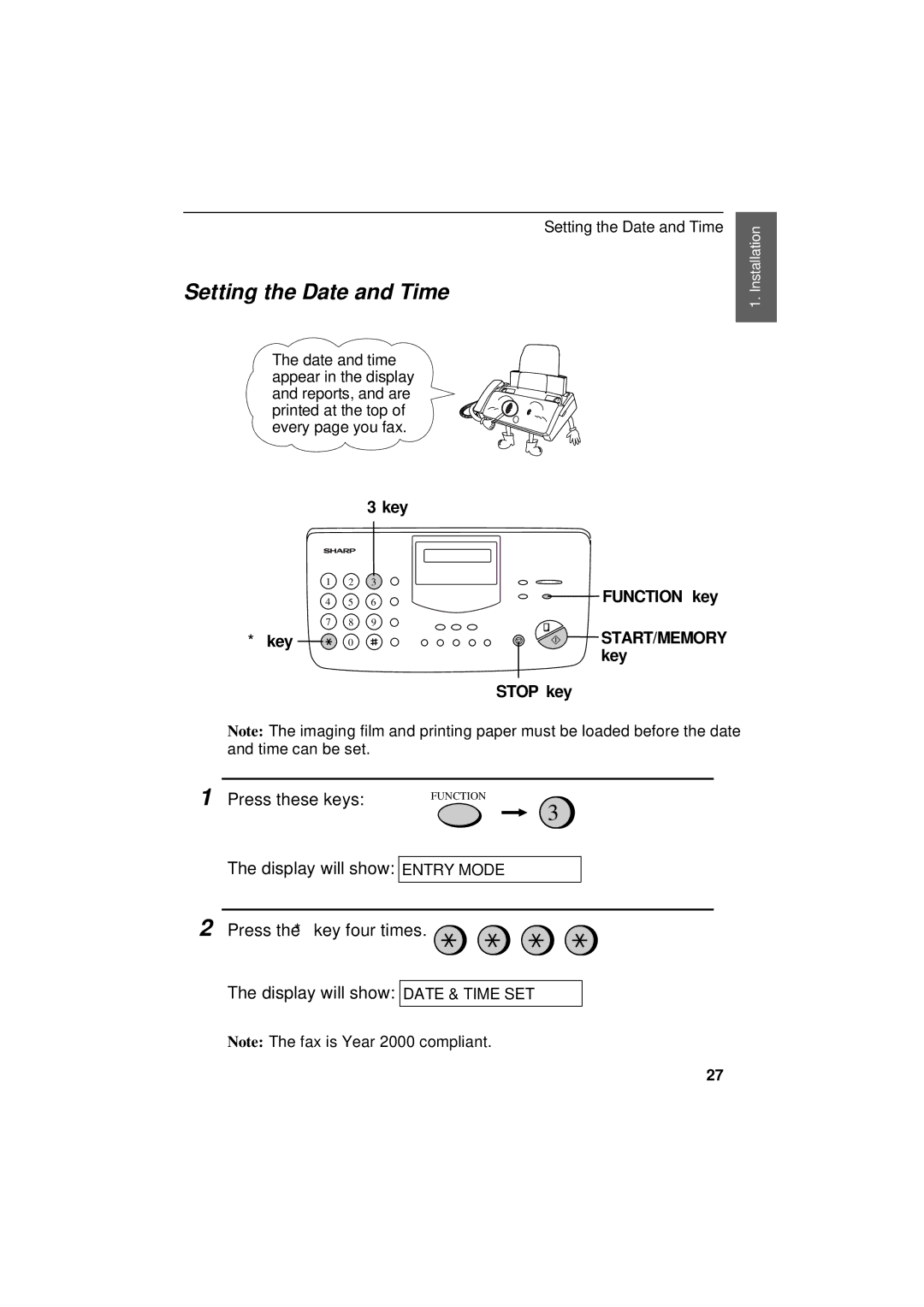 Sharp UX-305 operation manual Setting the Date and Time 