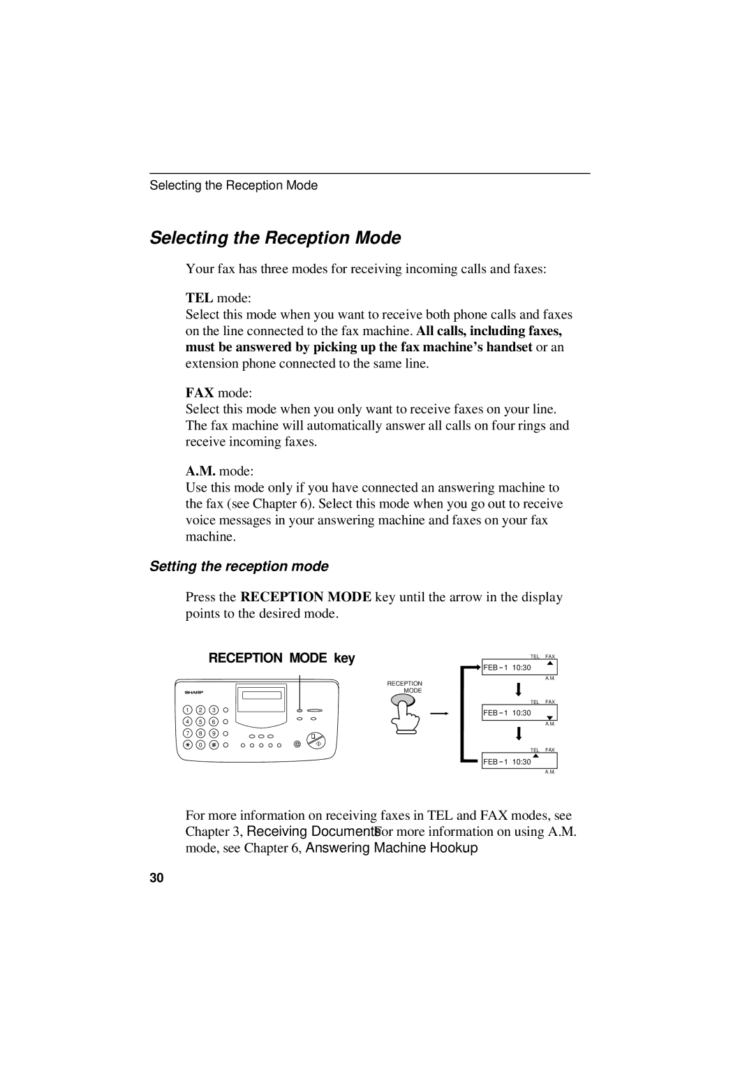 Sharp UX-305 operation manual Selecting the Reception Mode, Setting the reception mode 