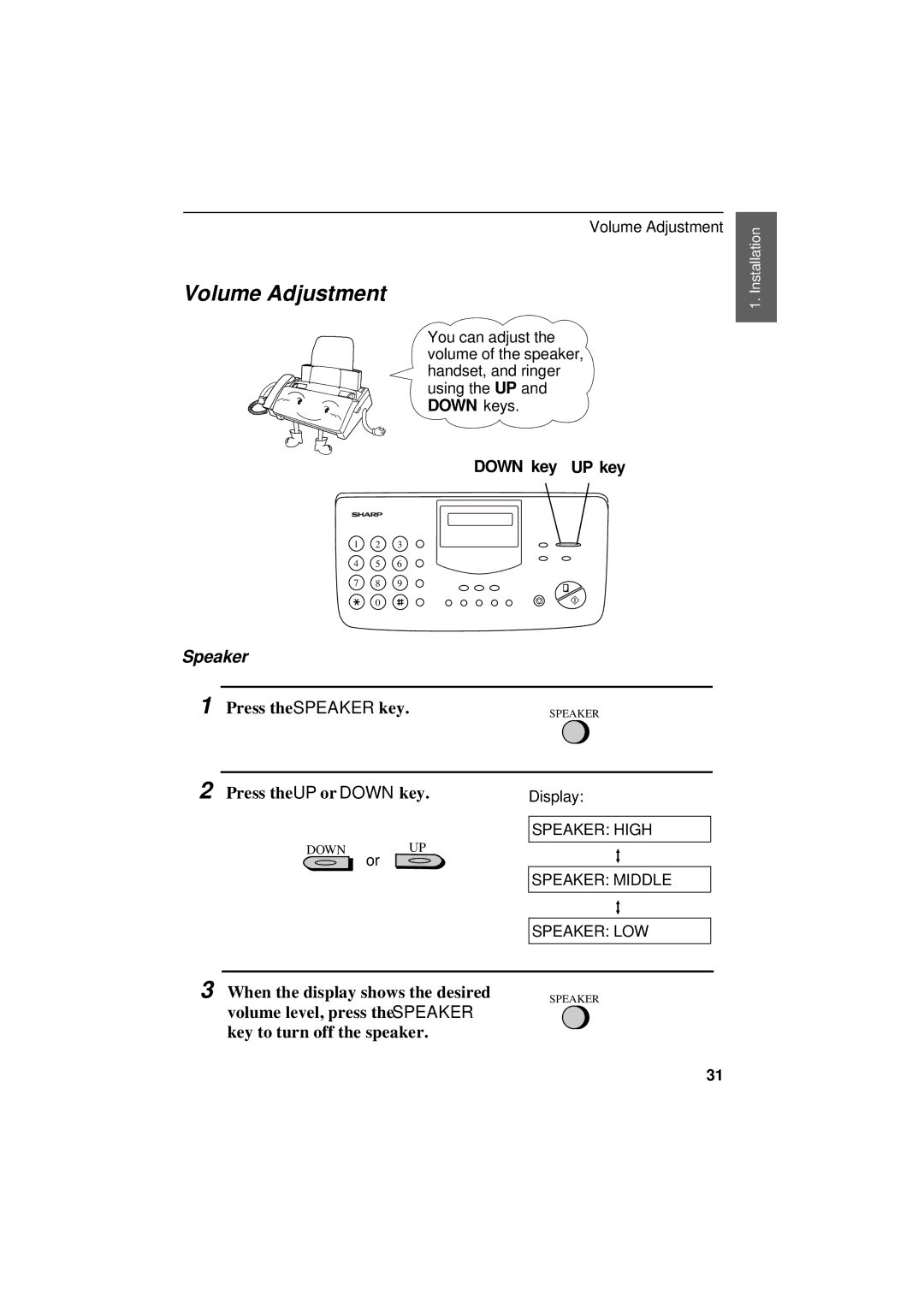 Sharp UX-305 operation manual Volume Adjustment, Speaker 