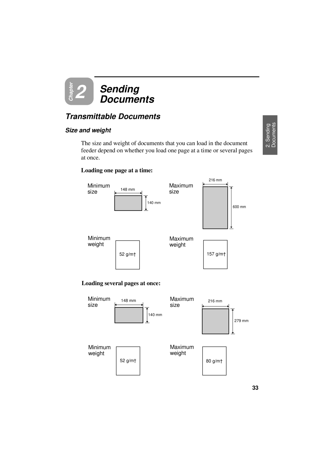 Sharp UX-305 operation manual SendingDocuments, Transmittable Documents, Size and weight, Loading one page at a time 