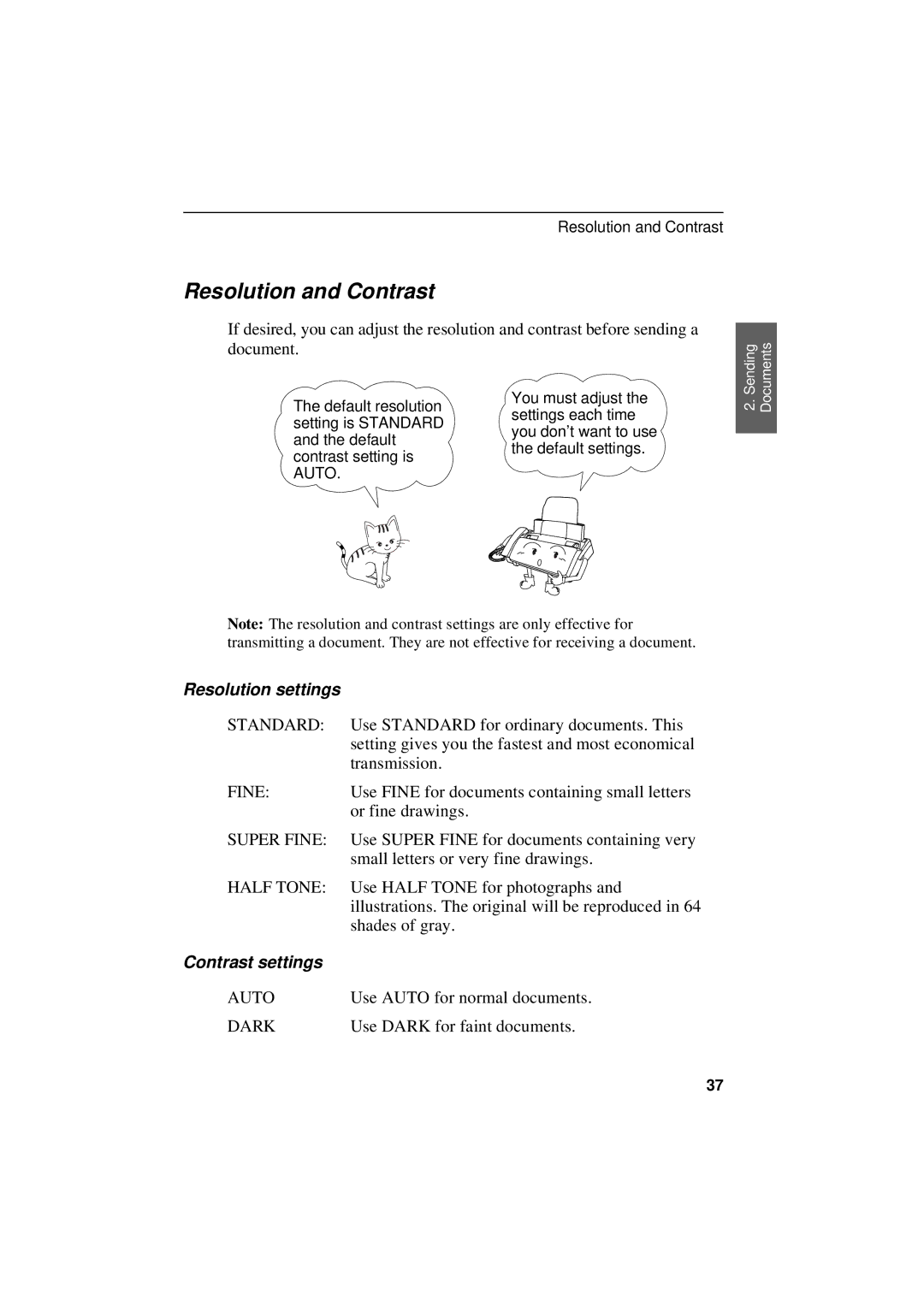 Sharp UX-305 operation manual Resolution and Contrast, Resolution settings, Contrast settings 