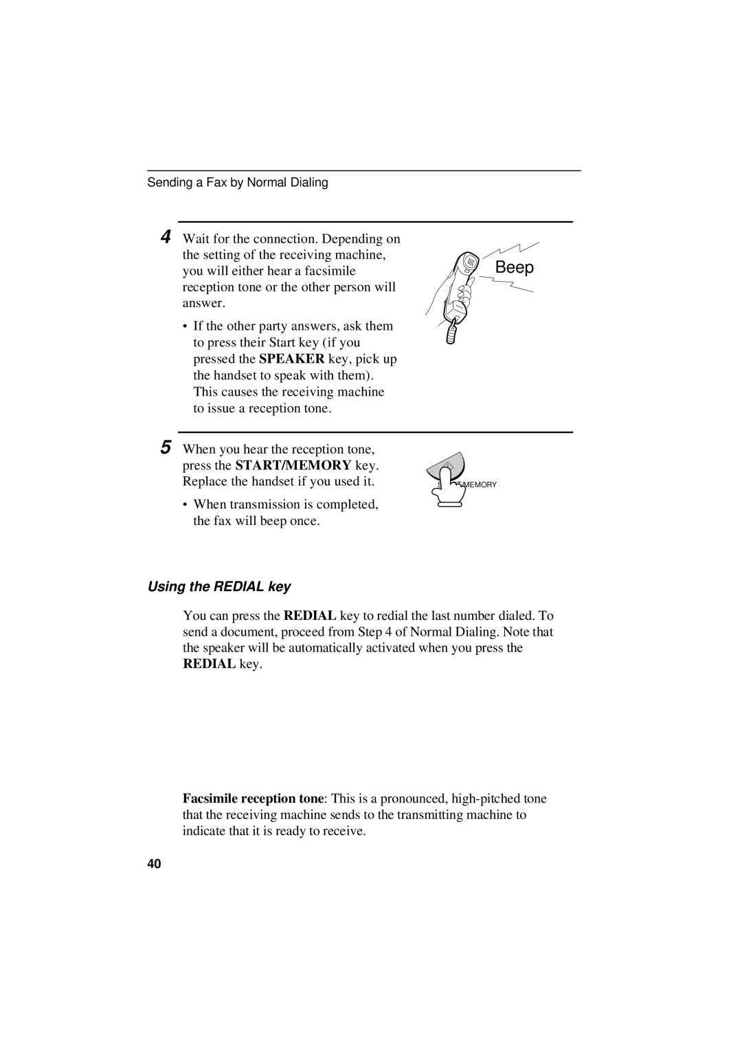 Sharp UX-305 operation manual Beep, Using the Redial key 