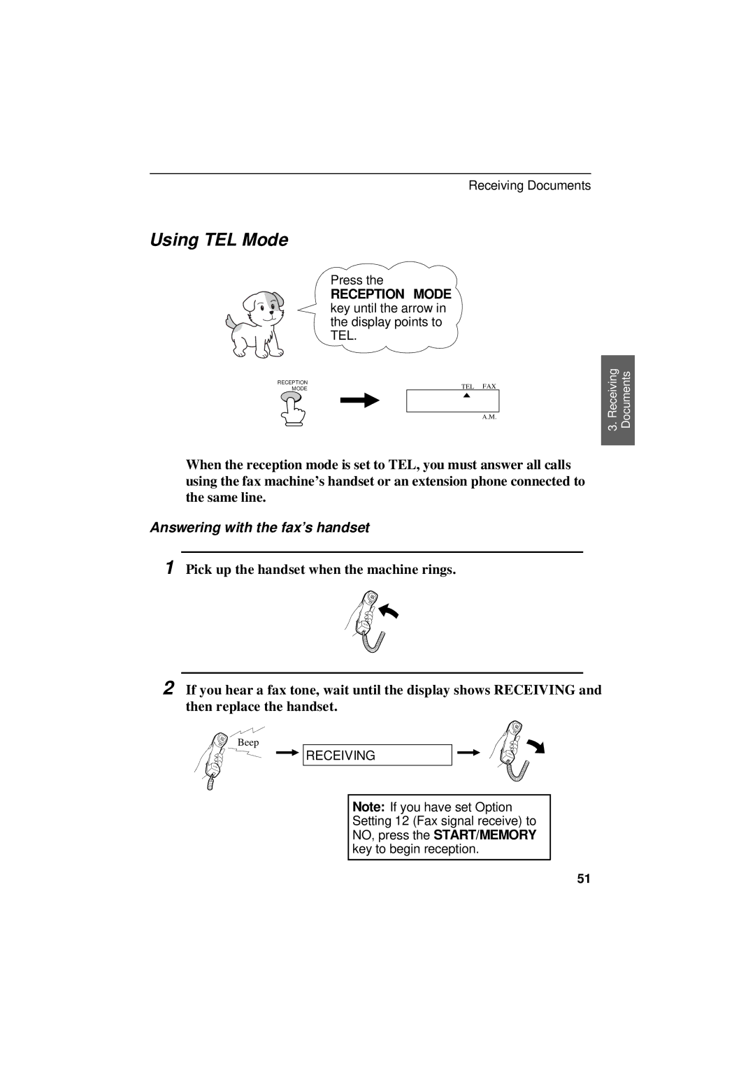 Sharp UX-305 operation manual Using TEL Mode, Answering with the fax’s handset 