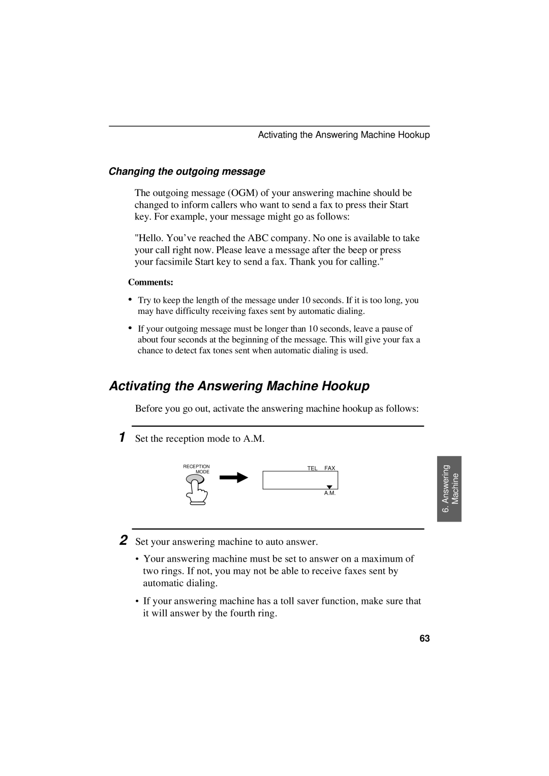 Sharp UX-305 operation manual Activating the Answering Machine Hookup, Changing the outgoing message 