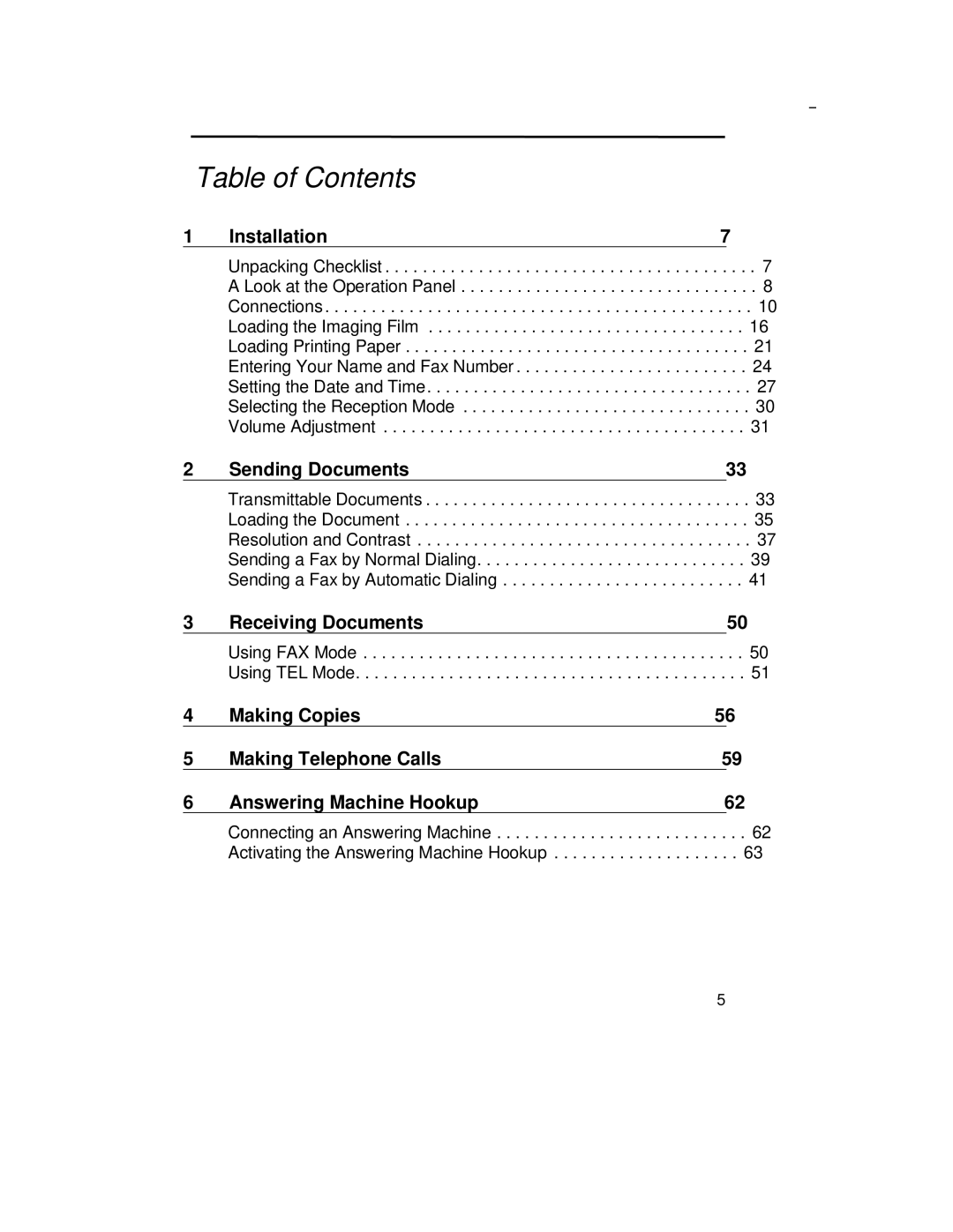 Sharp UX-305 operation manual Table of Contents 