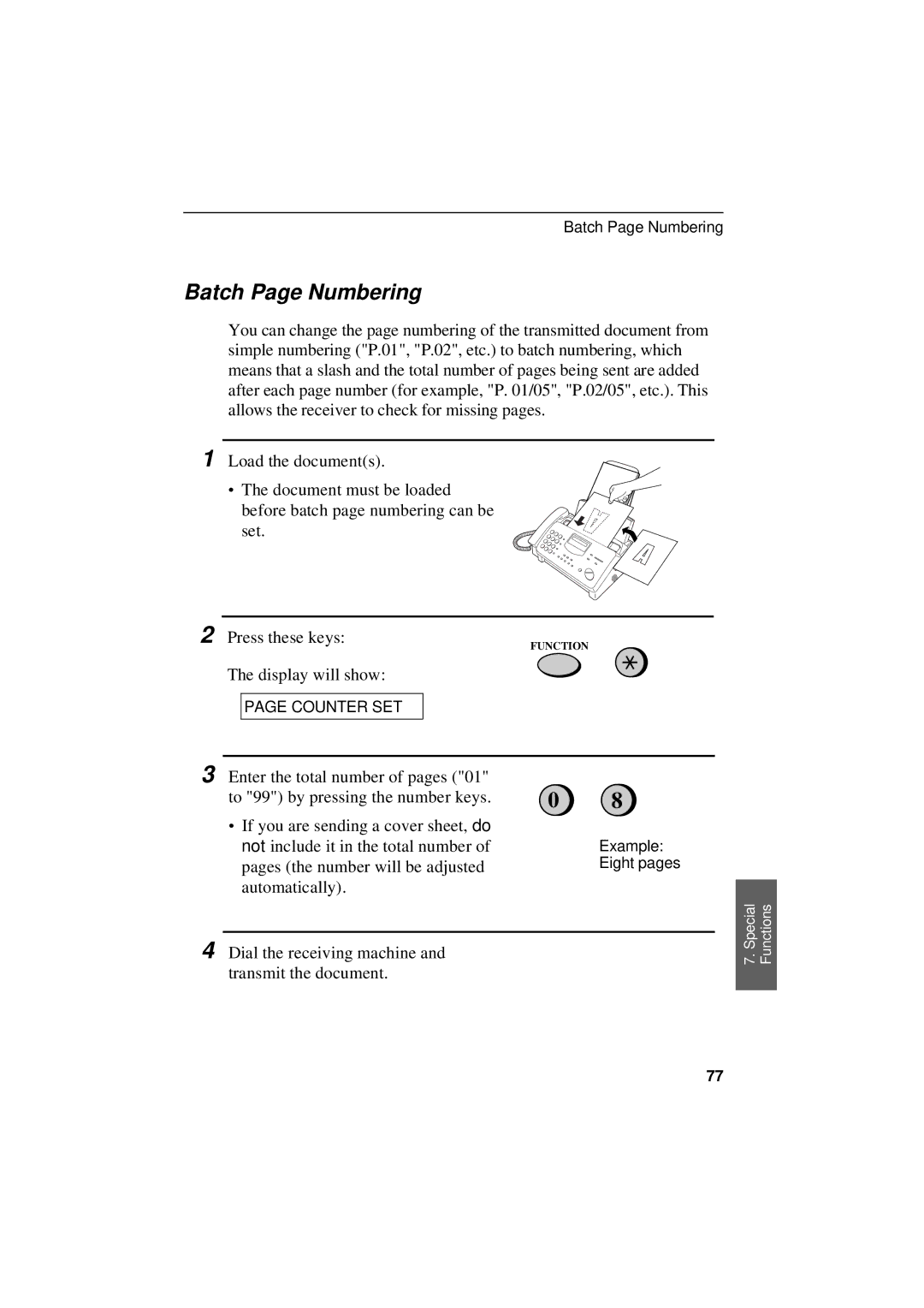 Sharp UX-305 operation manual Batch Page Numbering 