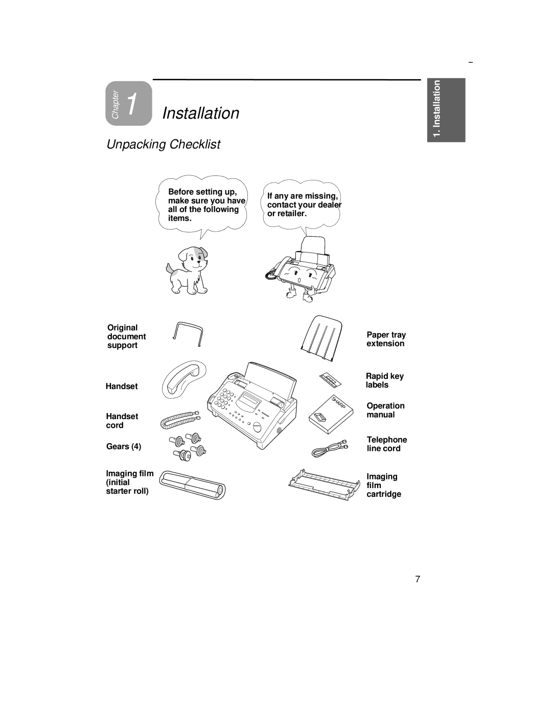 Sharp UX-305 operation manual Installation, Unpacking Checklist 