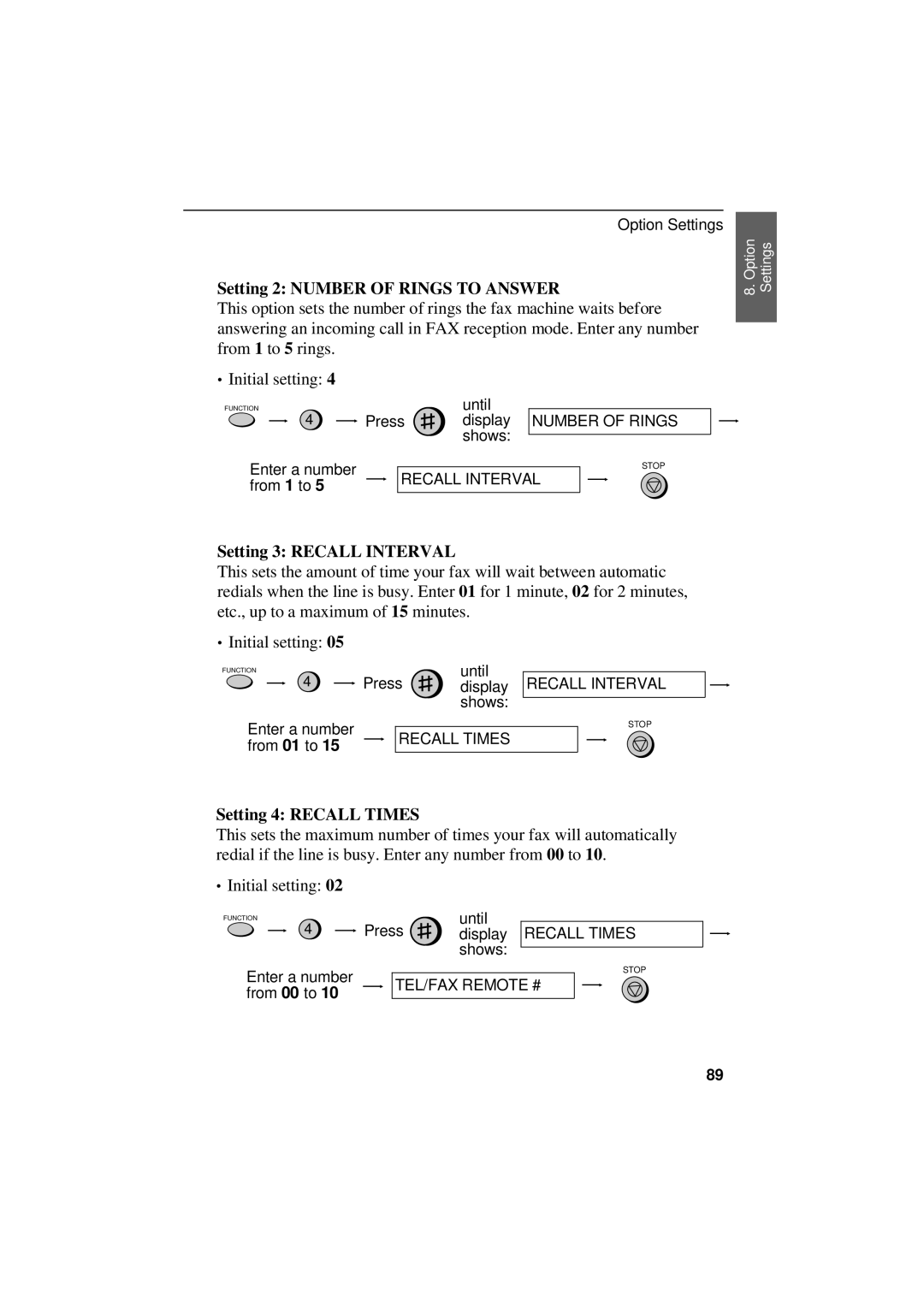 Sharp UX-305 operation manual Setting 2 Number of Rings to Answer, Setting 3 Recall Interval, Setting 4 Recall Times 