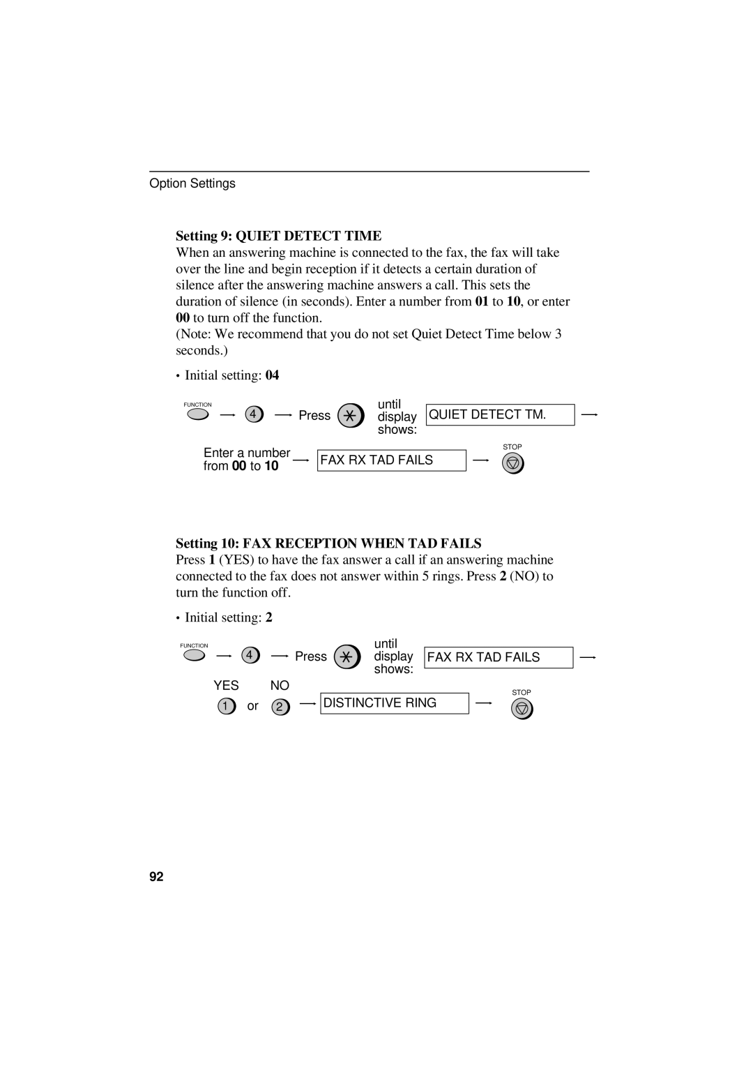 Sharp UX-305 operation manual Setting 9 Quiet Detect Time, Setting 10 FAX Reception When TAD Fails 