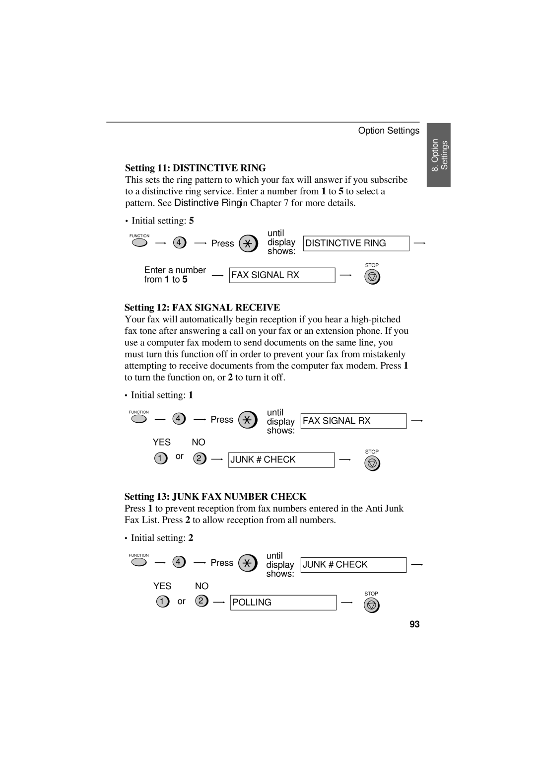 Sharp UX-305 operation manual Setting 11 Distinctive Ring, Setting 12 FAX Signal Receive, Setting 13 Junk FAX Number Check 