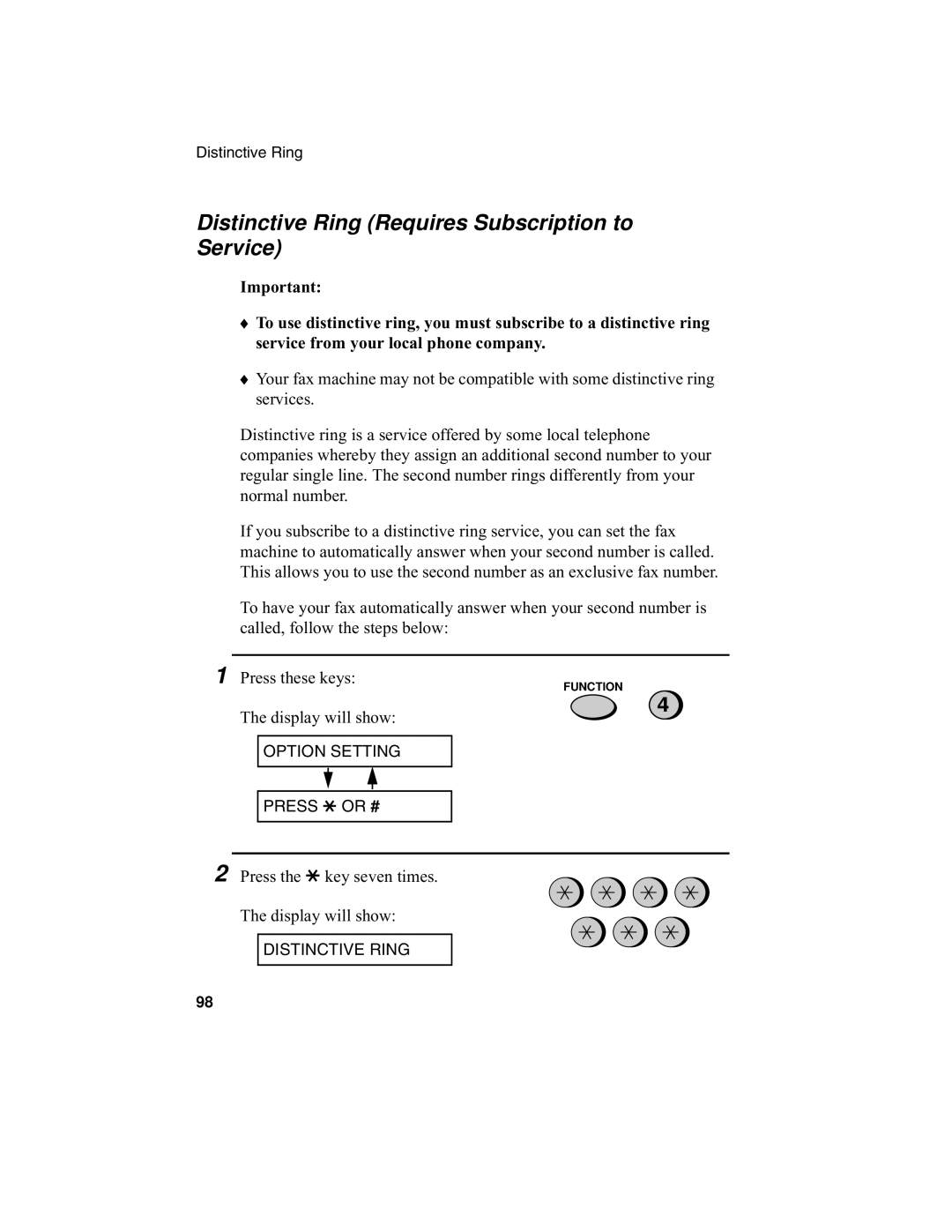 Sharp UX-340L operation manual Distinctive Ring Requires Subscription to Service 