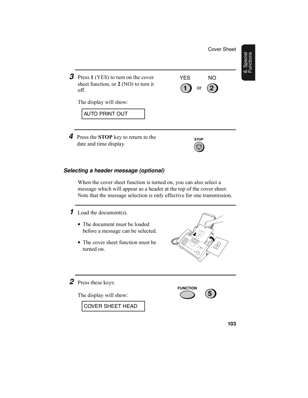 Sharp UX-340L operation manual Selecting a header message optional, Display will show 