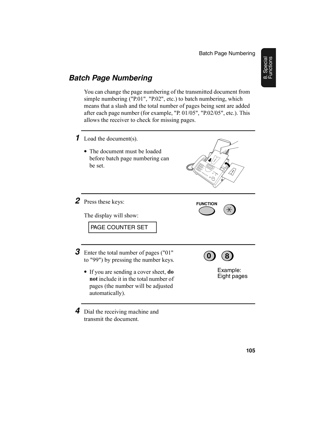 Sharp UX-340L operation manual Batch Page Numbering, Press these keys 