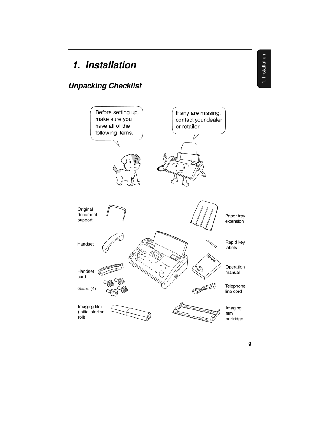 Sharp UX-340L operation manual Installation, Unpacking Checklist 