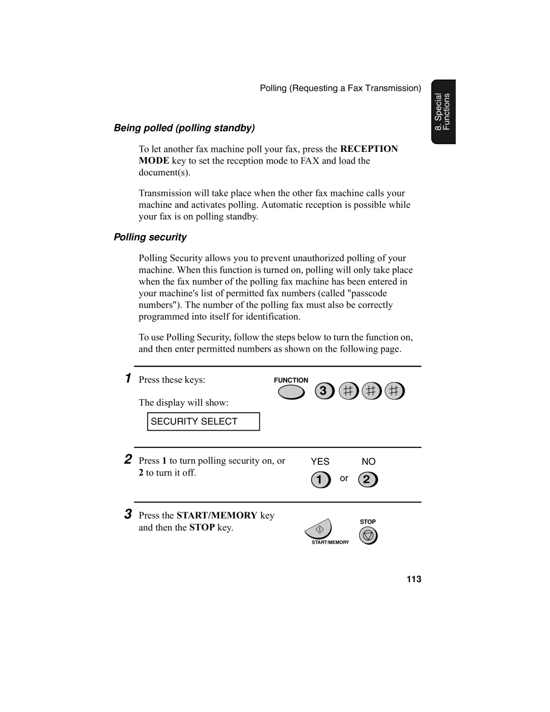 Sharp UX-340L Being polled polling standby, Polling security, Press the START/MEMORY key and then the Stop key 