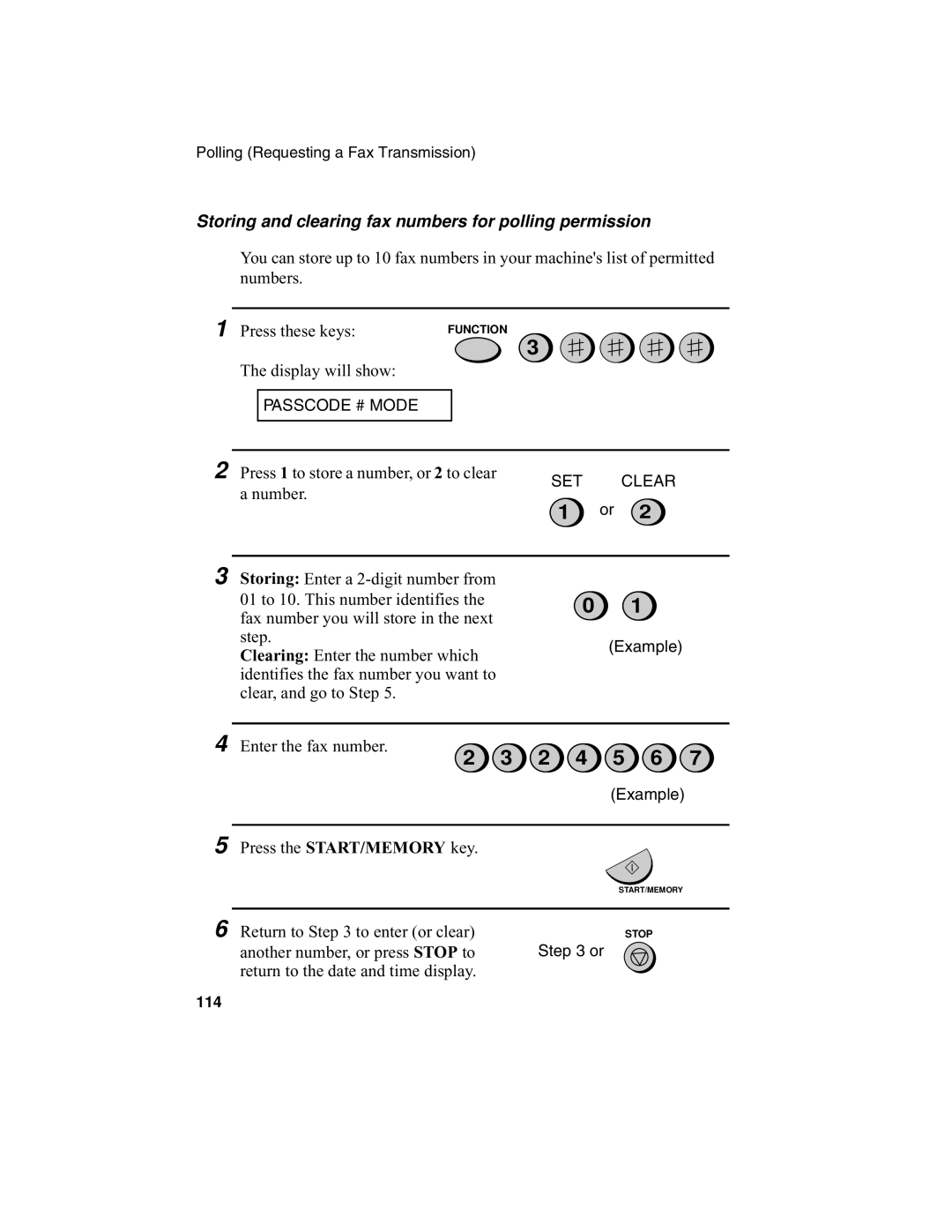 Sharp UX-340L Storing and clearing fax numbers for polling permission, Enter the fax number, Return to to enter or clear 