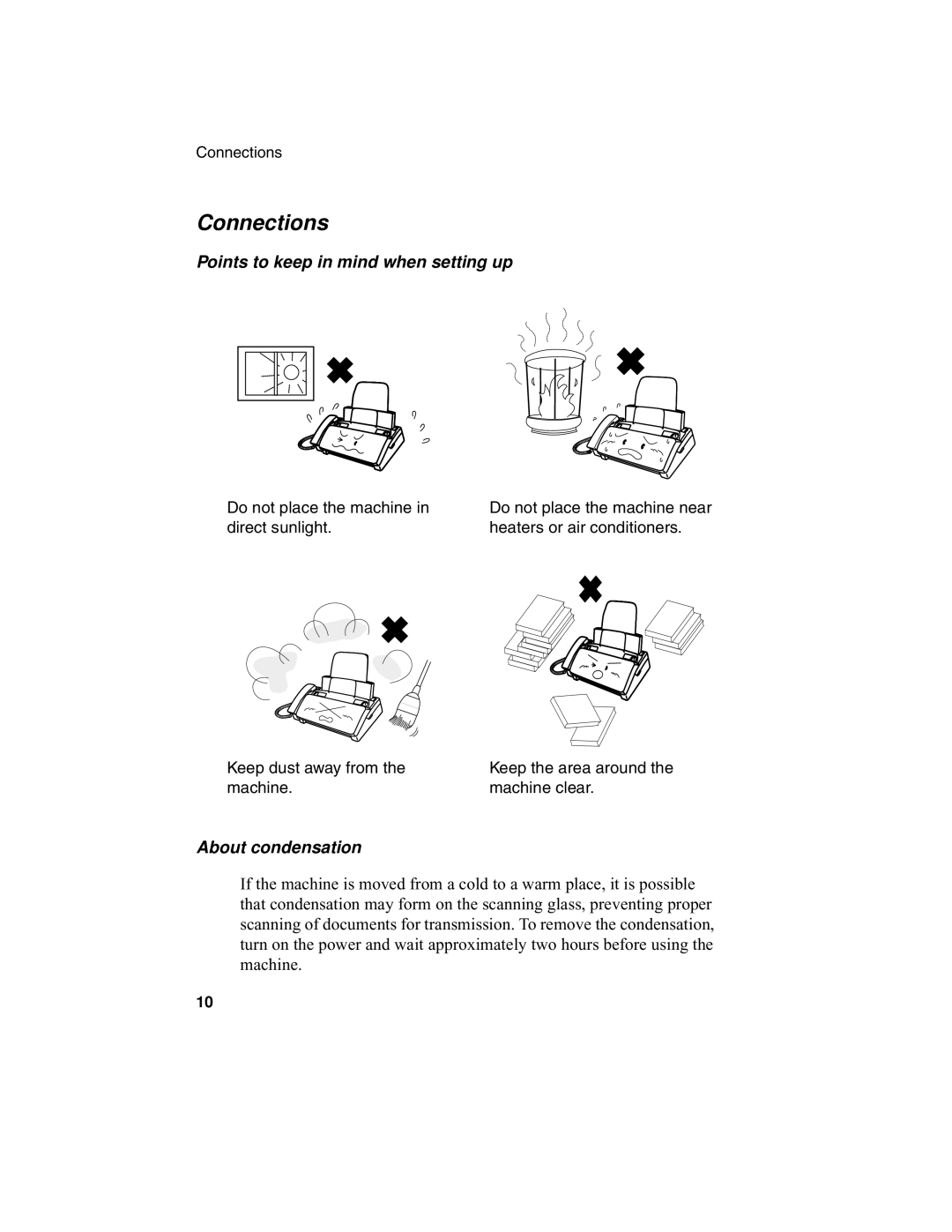 Sharp UX-340L operation manual Connections, Points to keep in mind when setting up, About condensation 