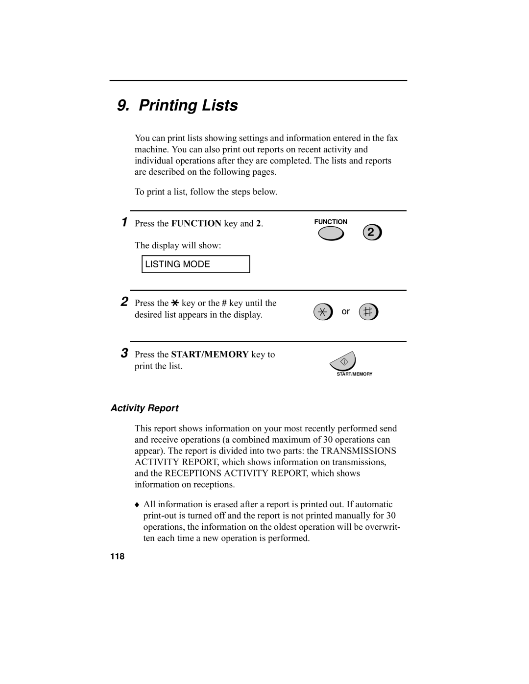 Sharp UX-340L operation manual Printing Lists, Activity Report 