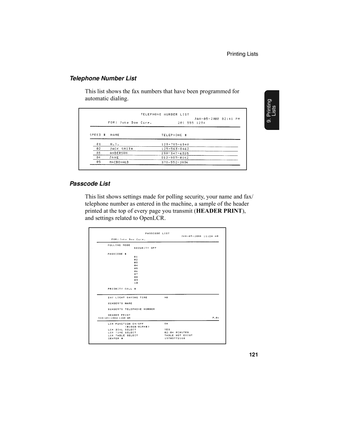 Sharp UX-340L operation manual Telephone Number List, Passcode List 