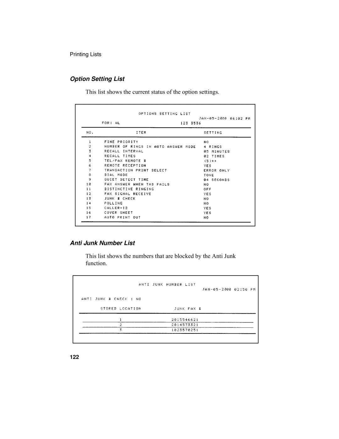 Sharp UX-340L operation manual Option Setting List, Anti Junk Number List 