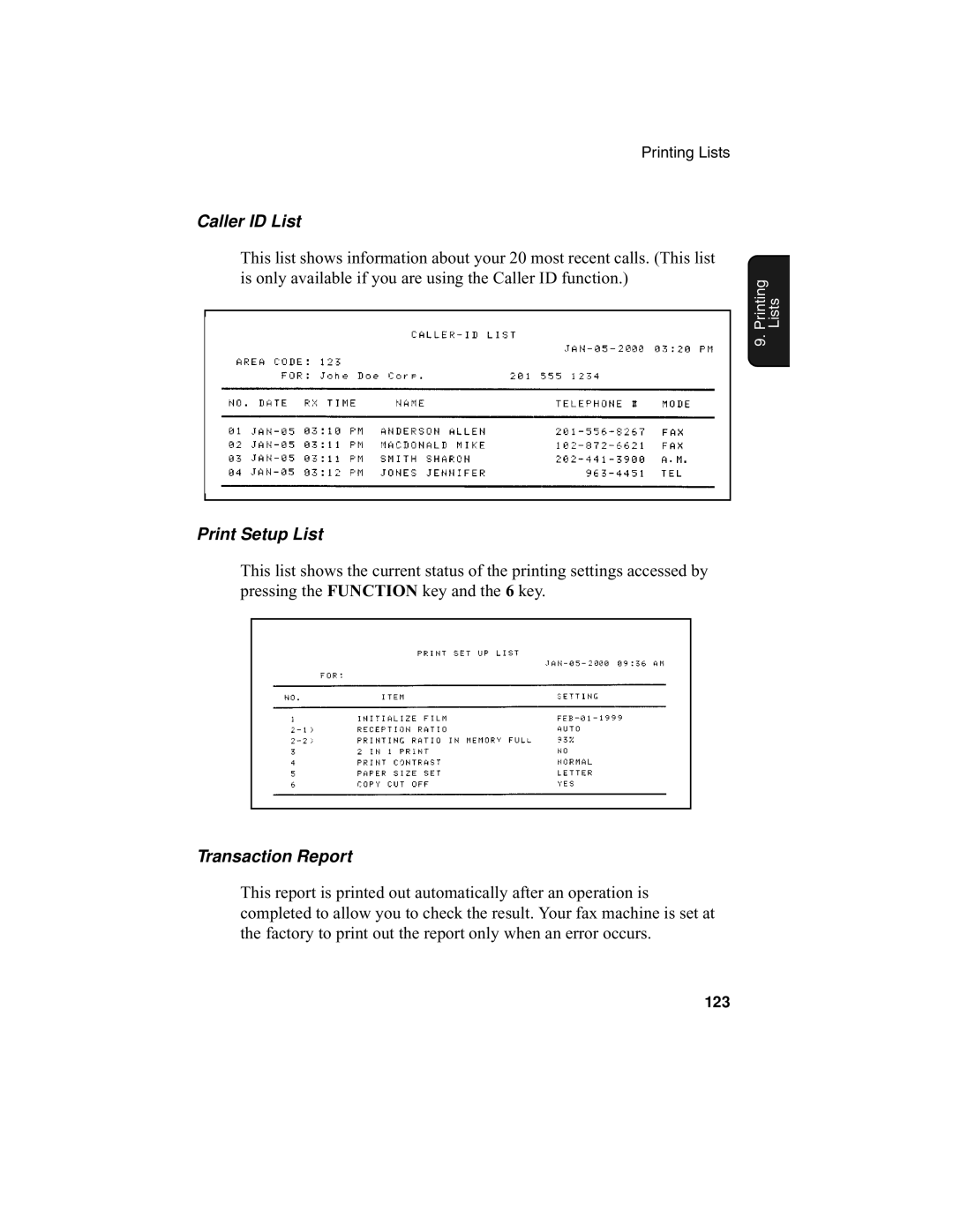 Sharp UX-340L operation manual Caller ID List, Print Setup List, Transaction Report 