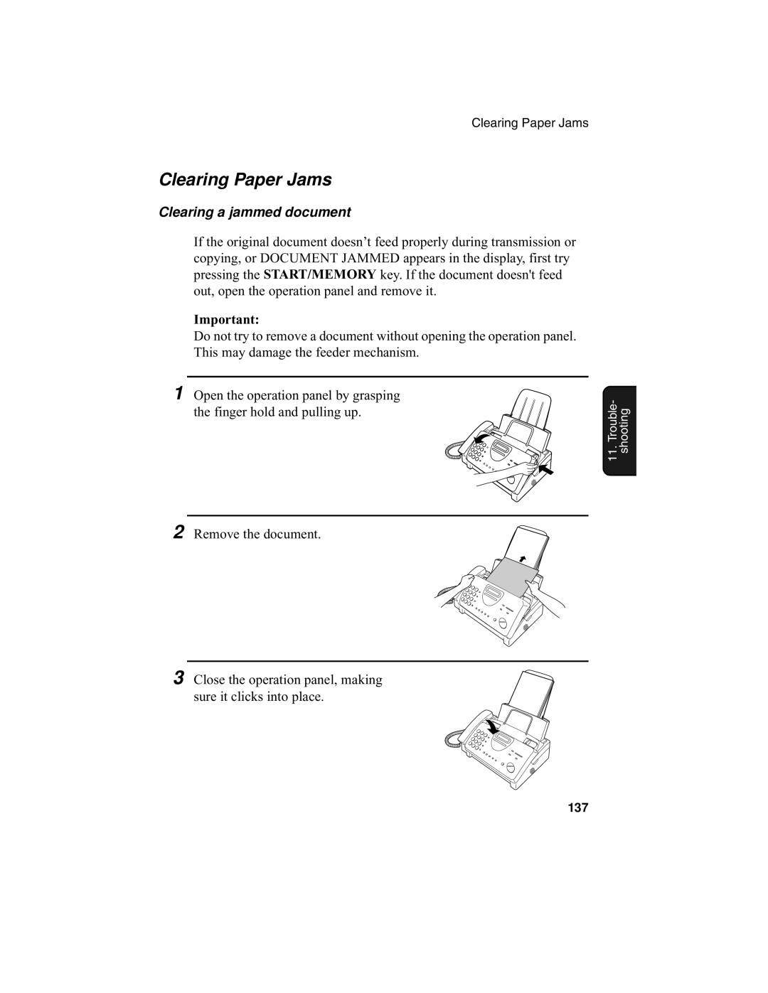 Sharp UX-340L operation manual Clearing Paper Jams, Clearing a jammed document 