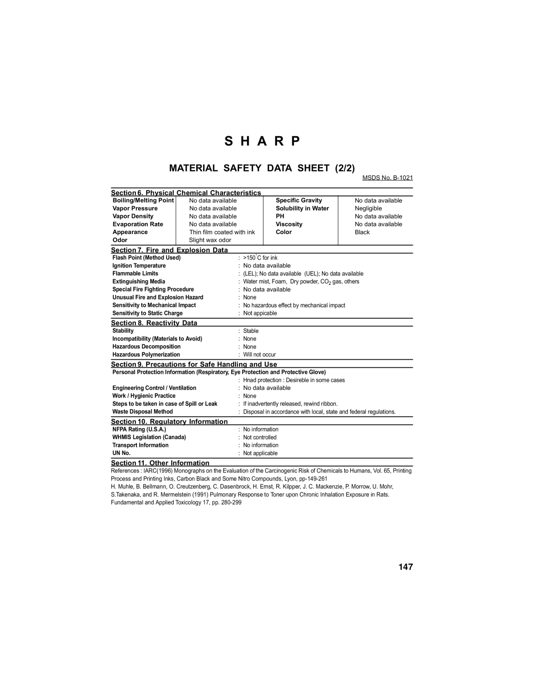 Sharp UX-340L operation manual Material Safety Data Sheet 2/2 