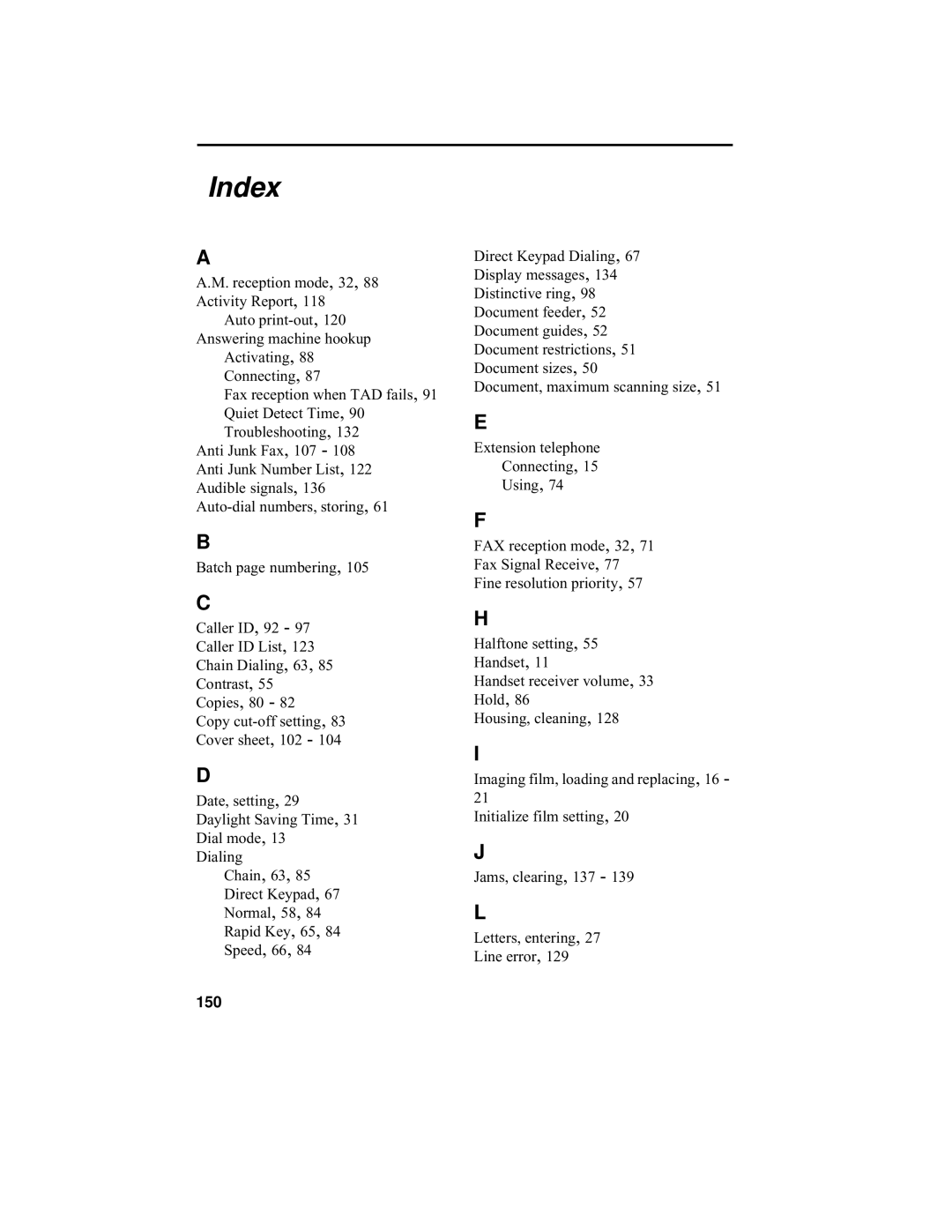 Sharp UX-340L operation manual Index, 150 