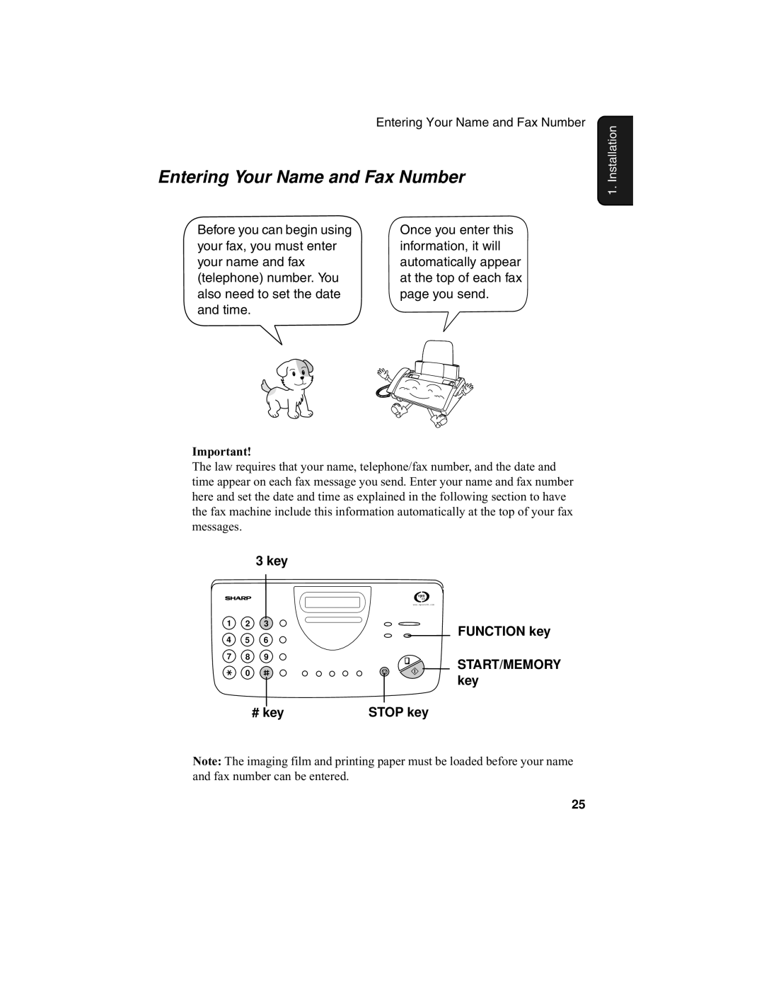 Sharp UX-340L operation manual Entering Your Name and Fax Number 