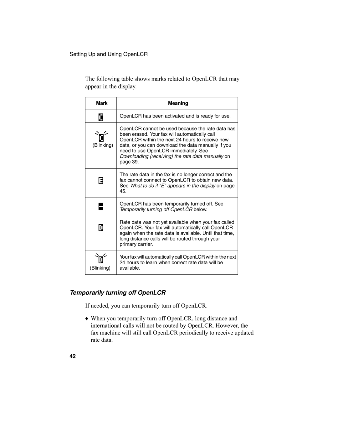 Sharp UX-340L operation manual Temporarily turning off OpenLCR, Mark Meaning 