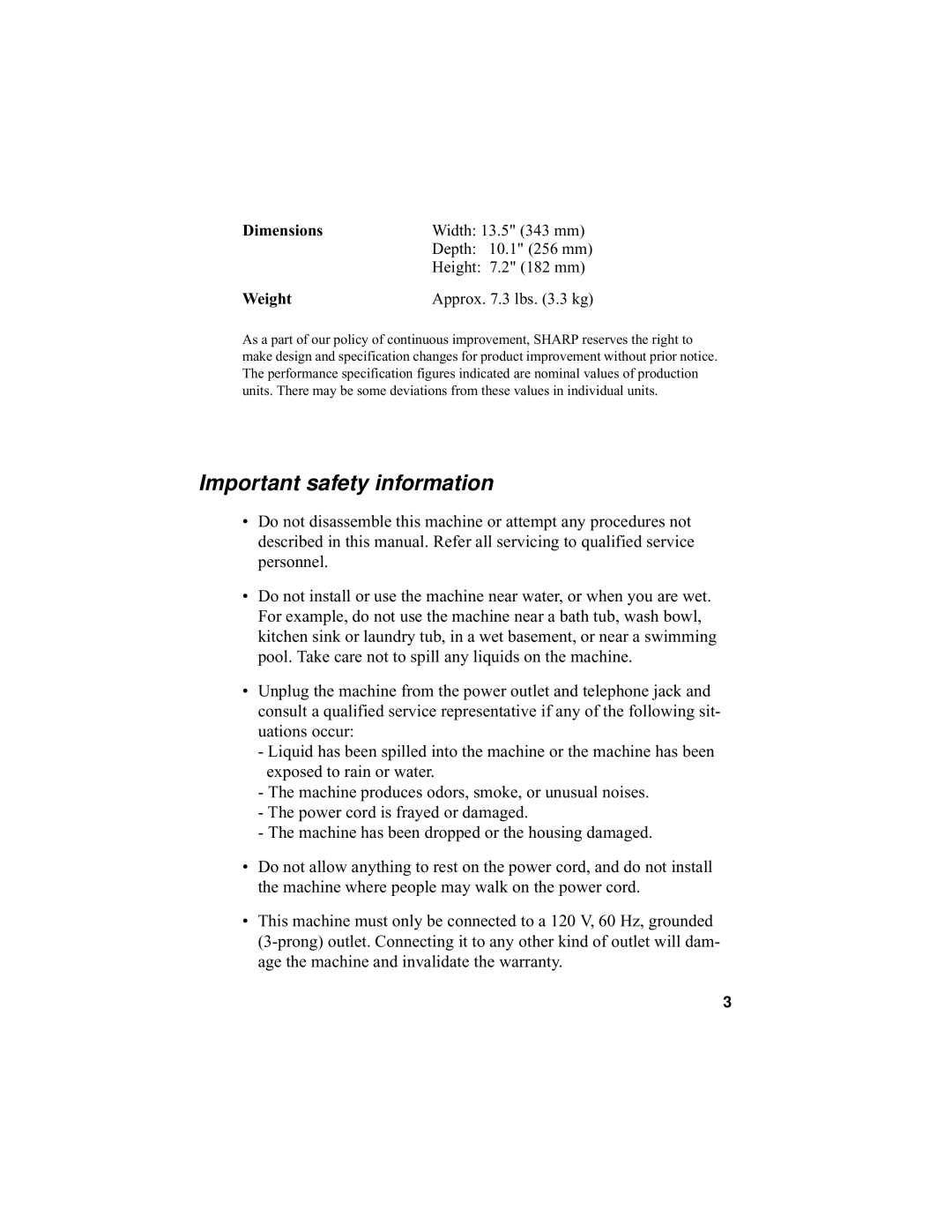 Sharp UX-340L operation manual Important safety information, Weight 