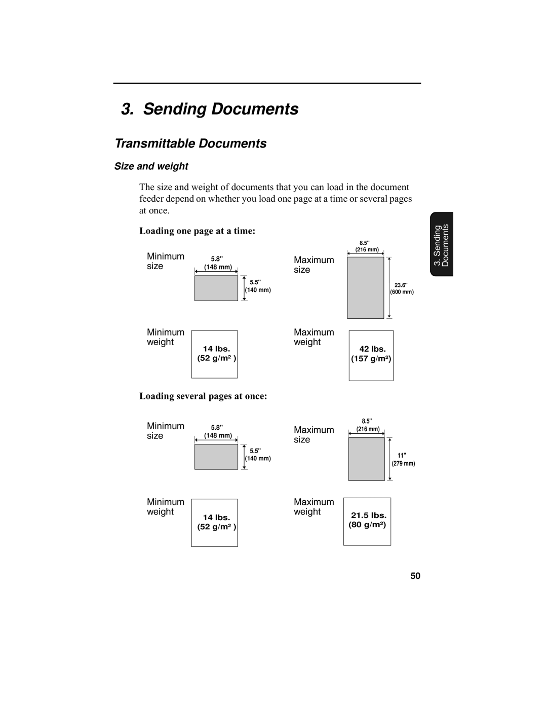 Sharp UX-340L operation manual Sending Documents, Transmittable Documents, Size and weight, Loading one page at a time 