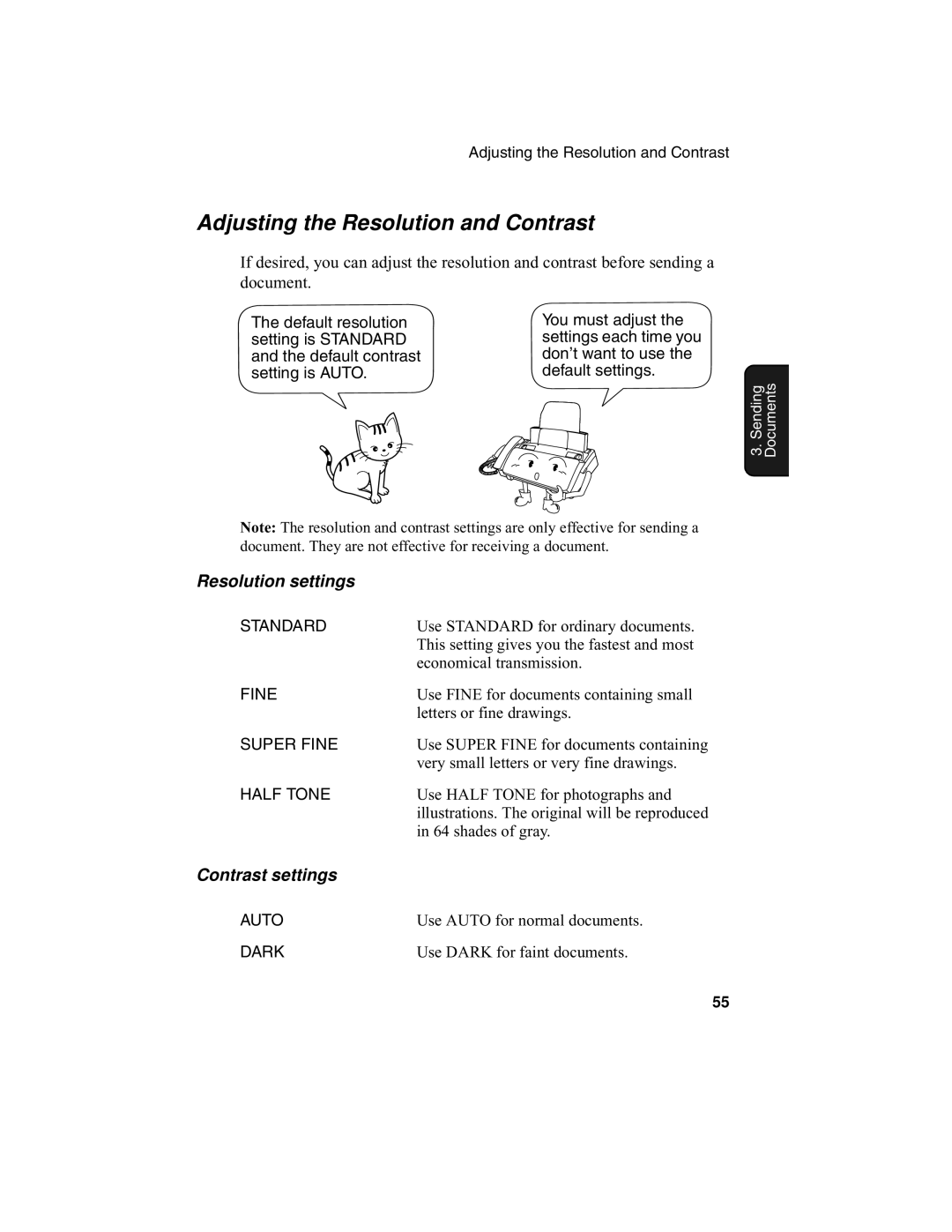 Sharp UX-340L operation manual Adjusting the Resolution and Contrast, Resolution settings, Contrast settings 