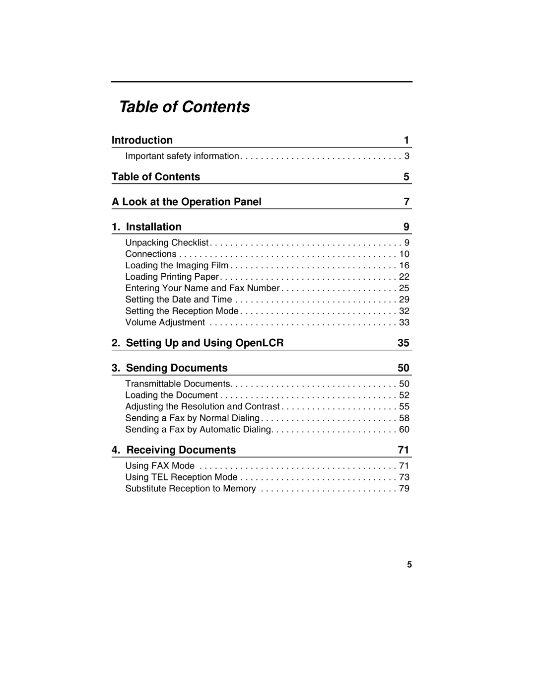 Sharp UX-340L operation manual Table of Contents 