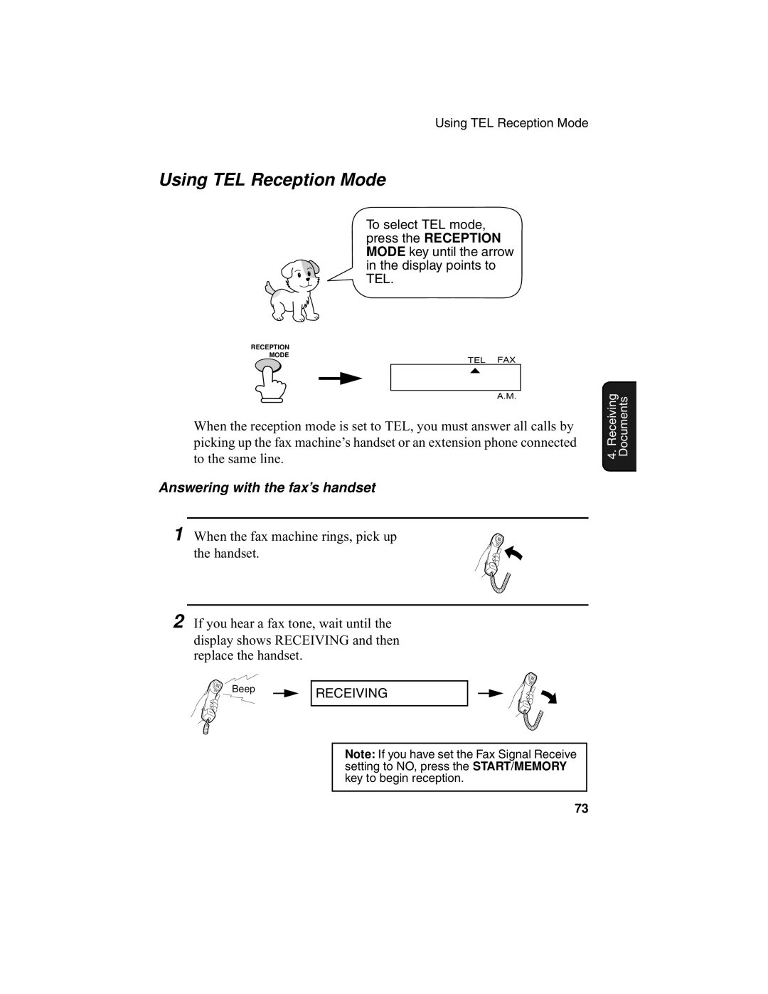 Sharp UX-340L operation manual Using TEL Reception Mode, Answering with the fax’s handset 