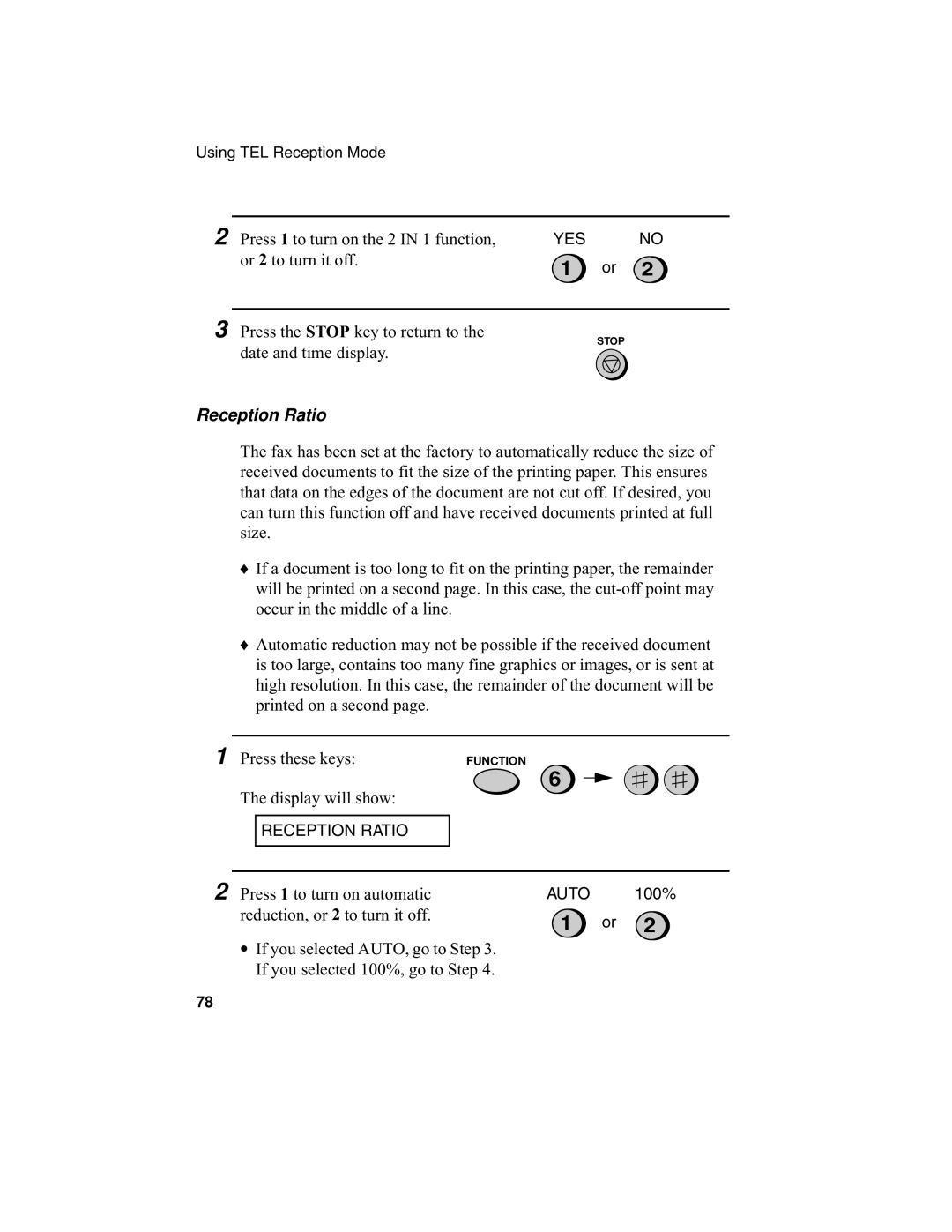 Sharp UX-340L operation manual Reception Ratio, Press 1 to turn on automatic reduction, or 2 to turn it off 