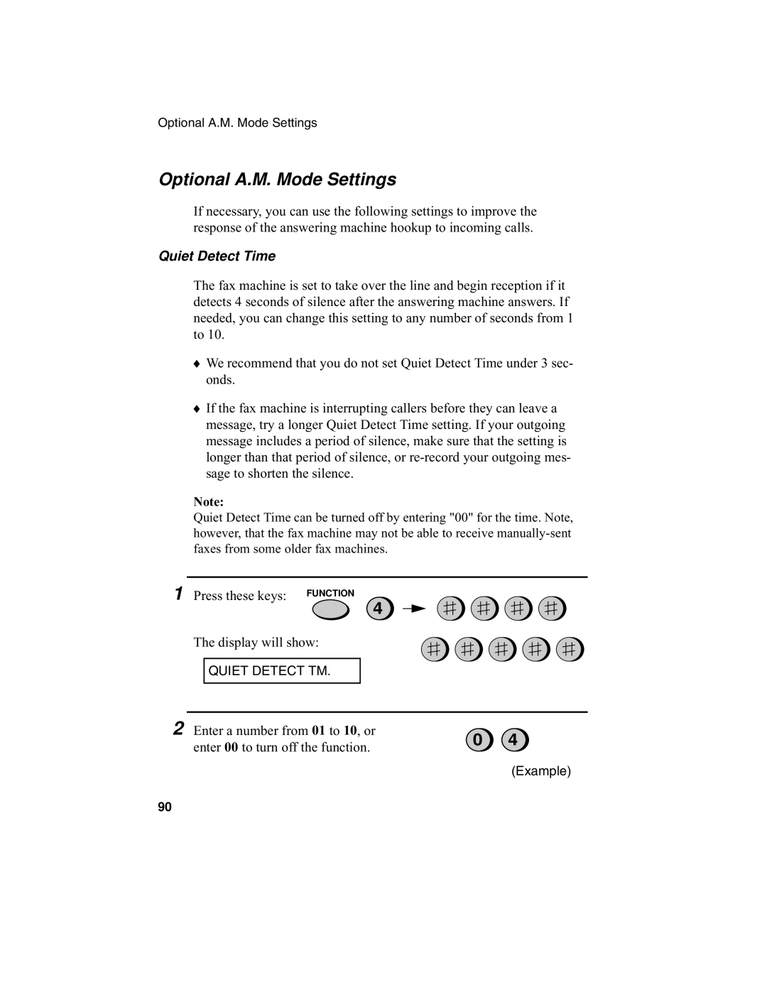 Sharp UX-340L operation manual Optional A.M. Mode Settings, Quiet Detect Time 