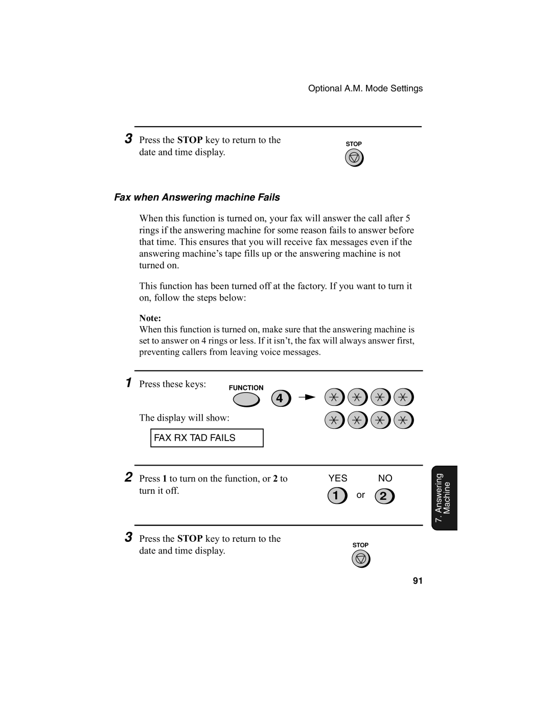 Sharp UX-340L operation manual Fax when Answering machine Fails, Press these keys 